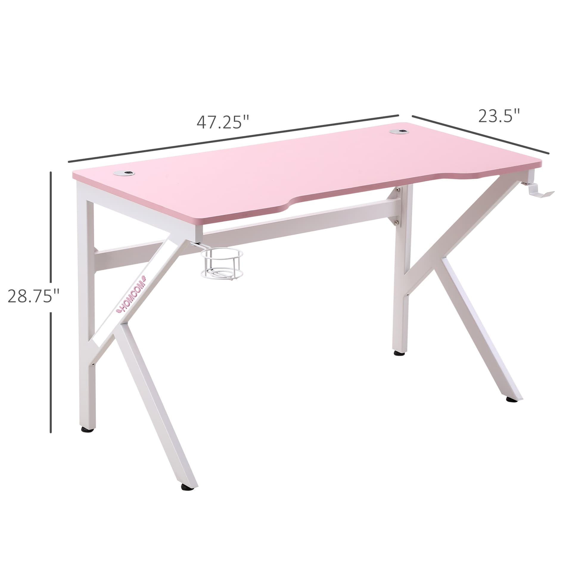 HOMCOM Gaming Desk Computer Table Racing Style for E-sport Room Office PC Workstation with Rotatable Cup Holder Foot Peg Headphone Hook Gamepad Stand Wire Port 47.25" x 23.5" x 28.75" Pink - Office Products - Office Furniture