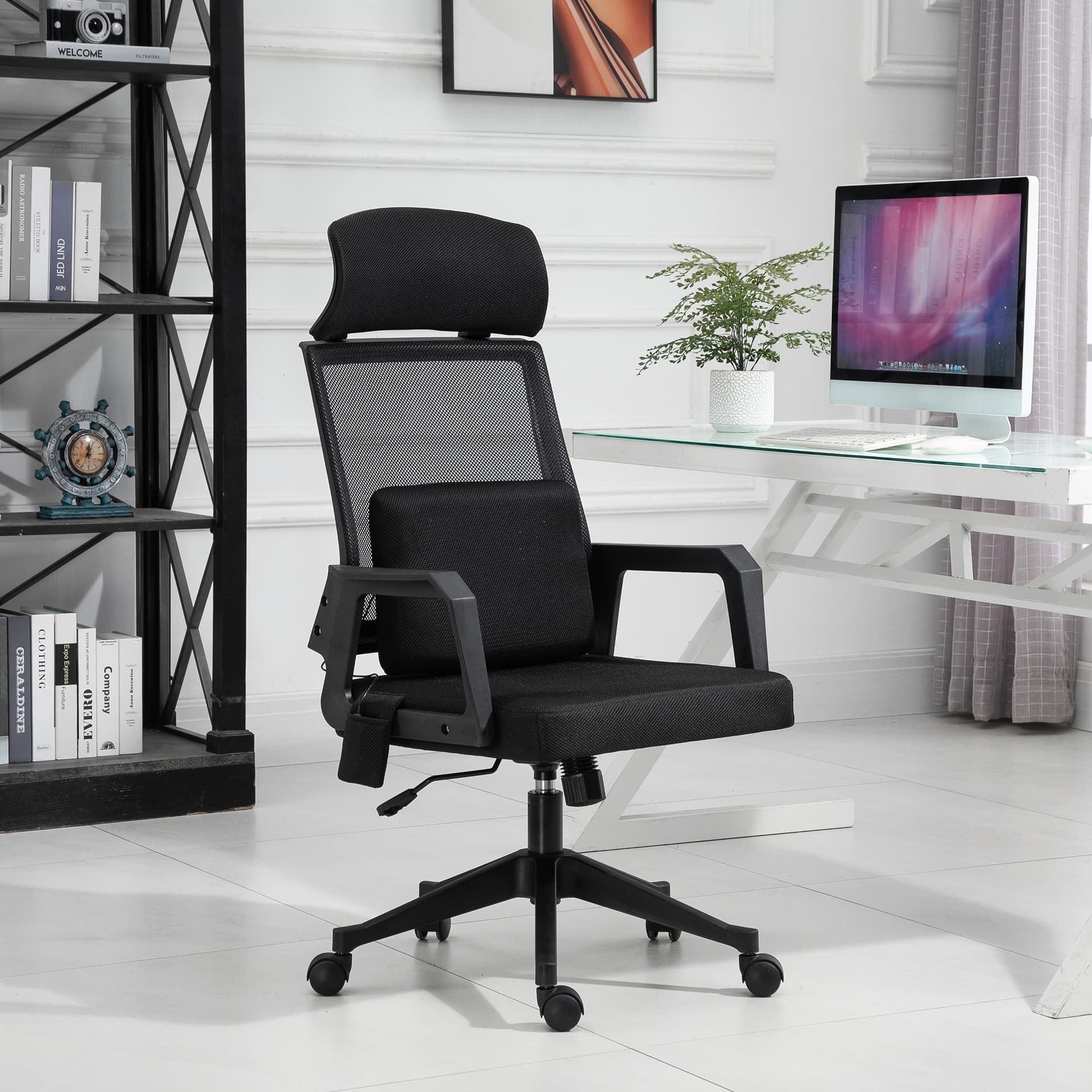 Vinsetto Office Chair High Back Mesh Desk Chair with 2-Point Vibration Massage Lumbar Support Pillow, Headrest, Ergonomic Swivel Back - Desks - Office Furniture