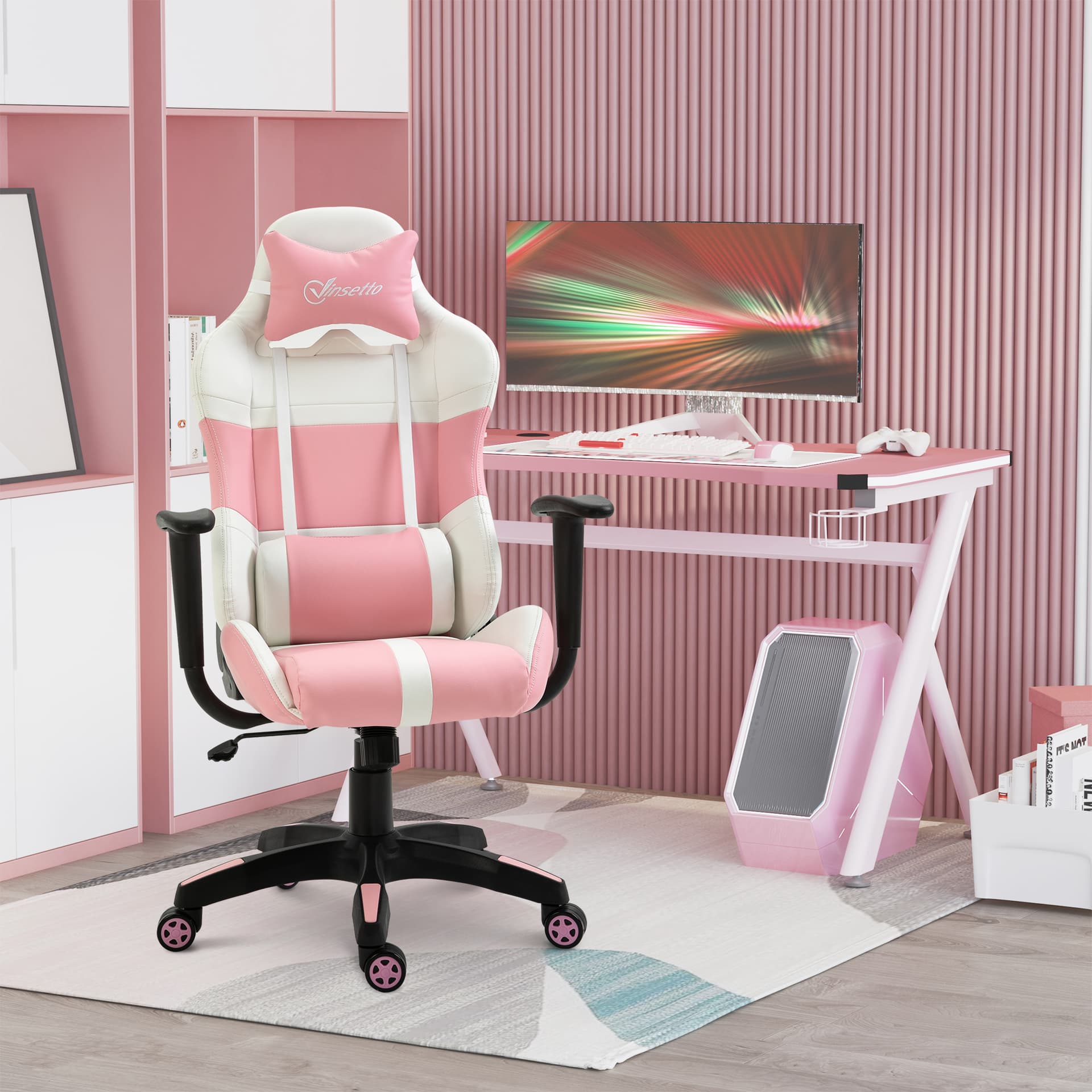 Vinsetto Office Chair with Wheels  Removable Pillow Gaming Chair  Pink and White - Office Chairs - Office Furniture