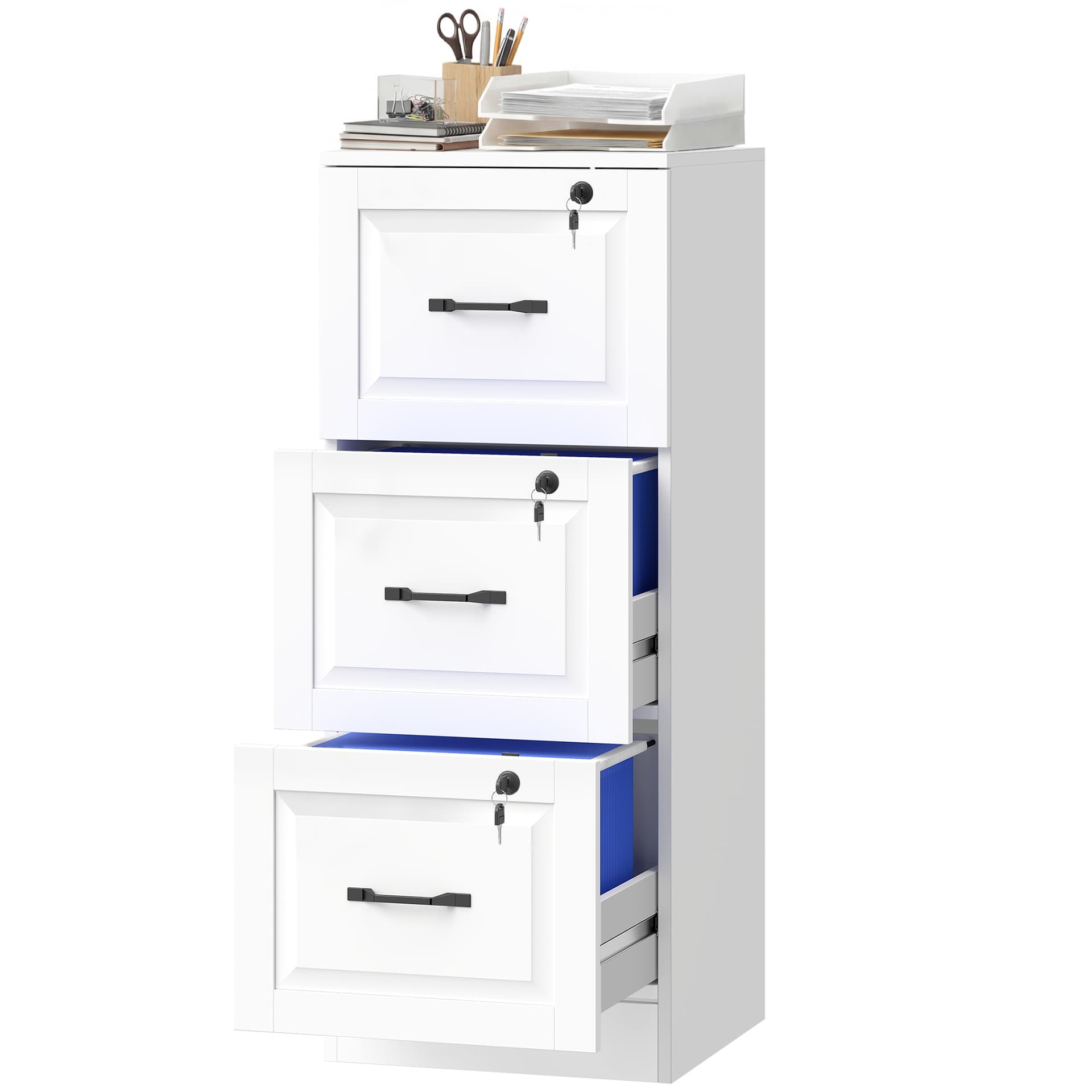 3 Drawer File Cabinet with Lock, Vertical Filing Cabinet with Adjustable Hanging Bars for A4 and Letter Size, White - Office Cabinets & Cupboards - Office Furniture