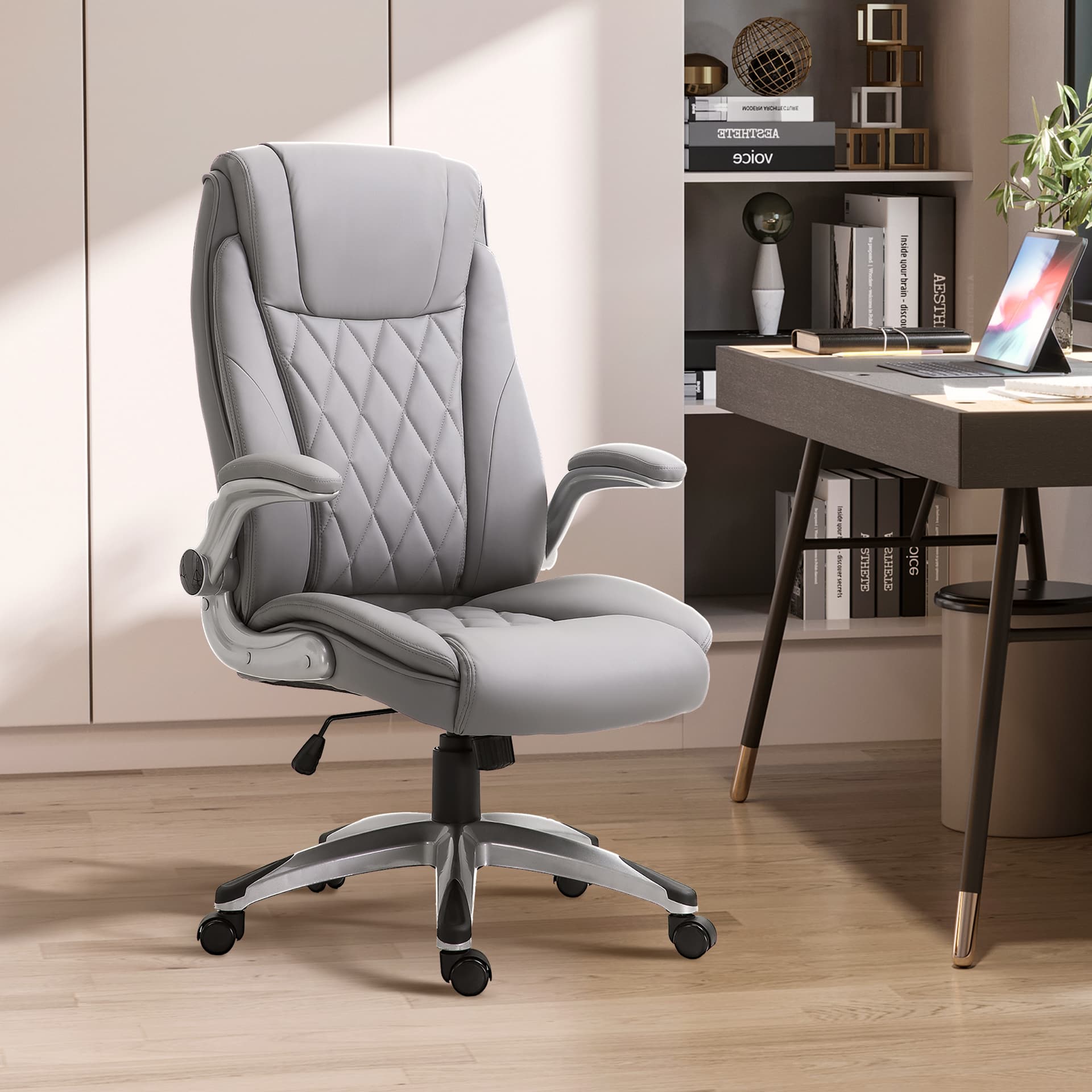 Vinsetto High-Back Office Chair Executive Swivel Computer Desk Chair, with PU Leather, Flip-up Armrest, Grey - Desks - Office Furniture