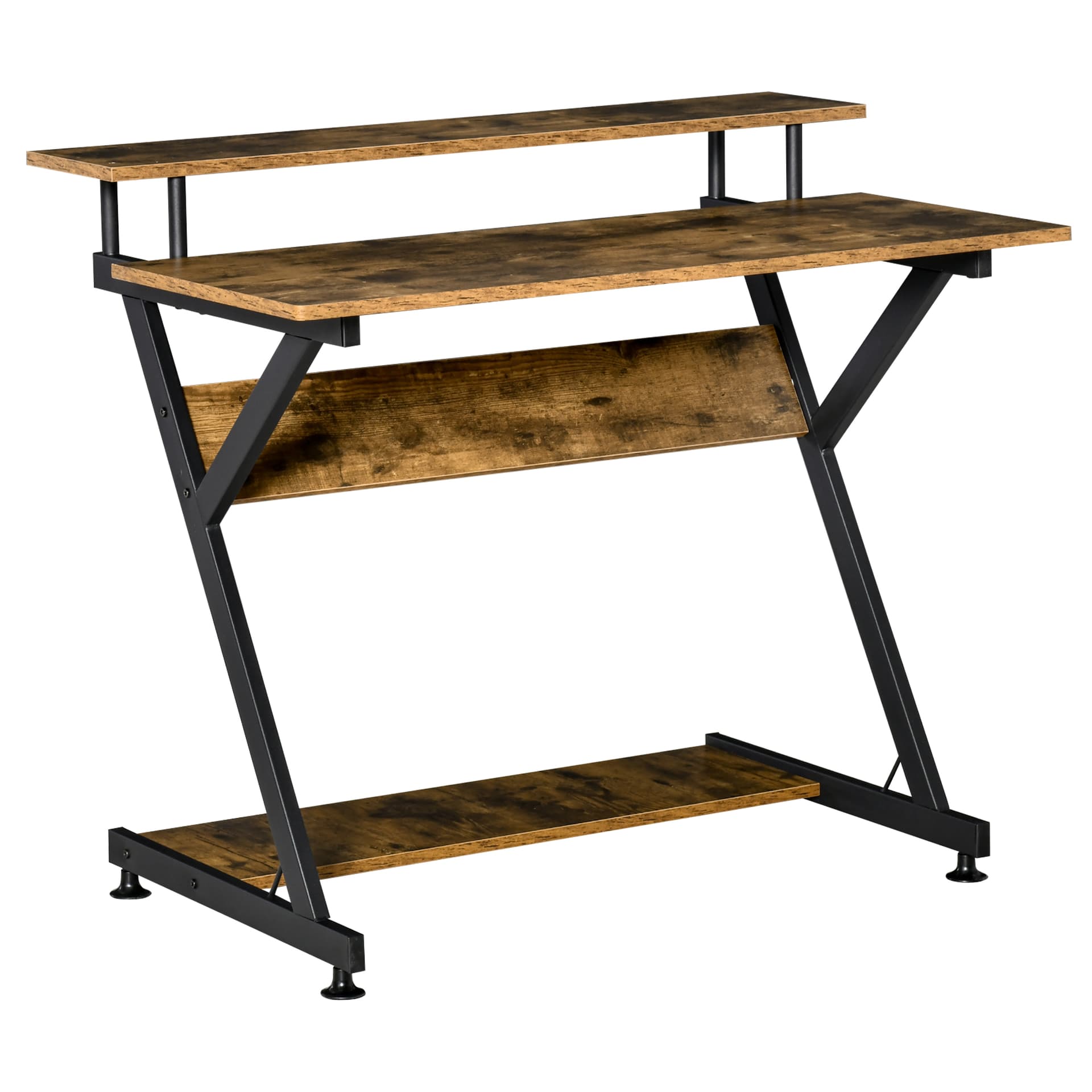 HOMCOM 39" Compact Computer Desk, Industrial Z-Shaped Writing Desk with Monitor Shelf and Storage, Workstation for Home Office - Desks - Office Furniture