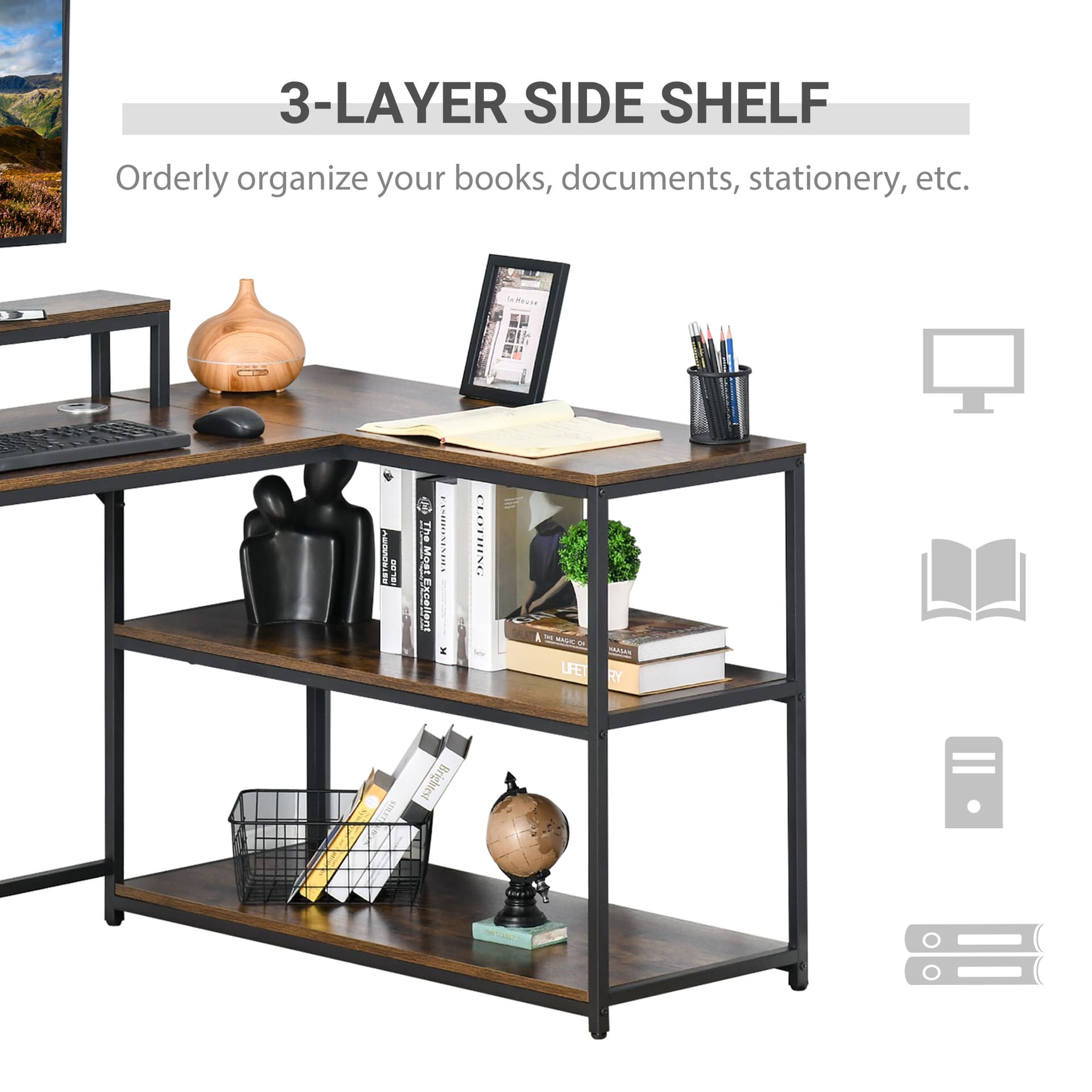 HOMCOM L-Shaped Computer Desk Home Office Corner Desk Study Workstation Table with Storage Shelves Cable Grommet, Rustic Brown - Desks - Office Furniture