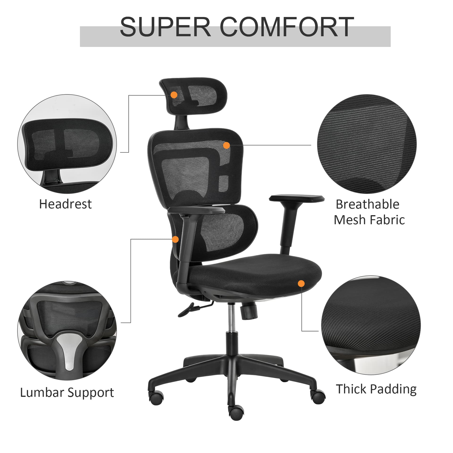 Vinsetto Mesh Office Chair, Ergonomic High Back Swivel Desk Chair with Adjustable Height, Armrest, Lumbar Support and Headrest, Black - Desks - Office Furniture