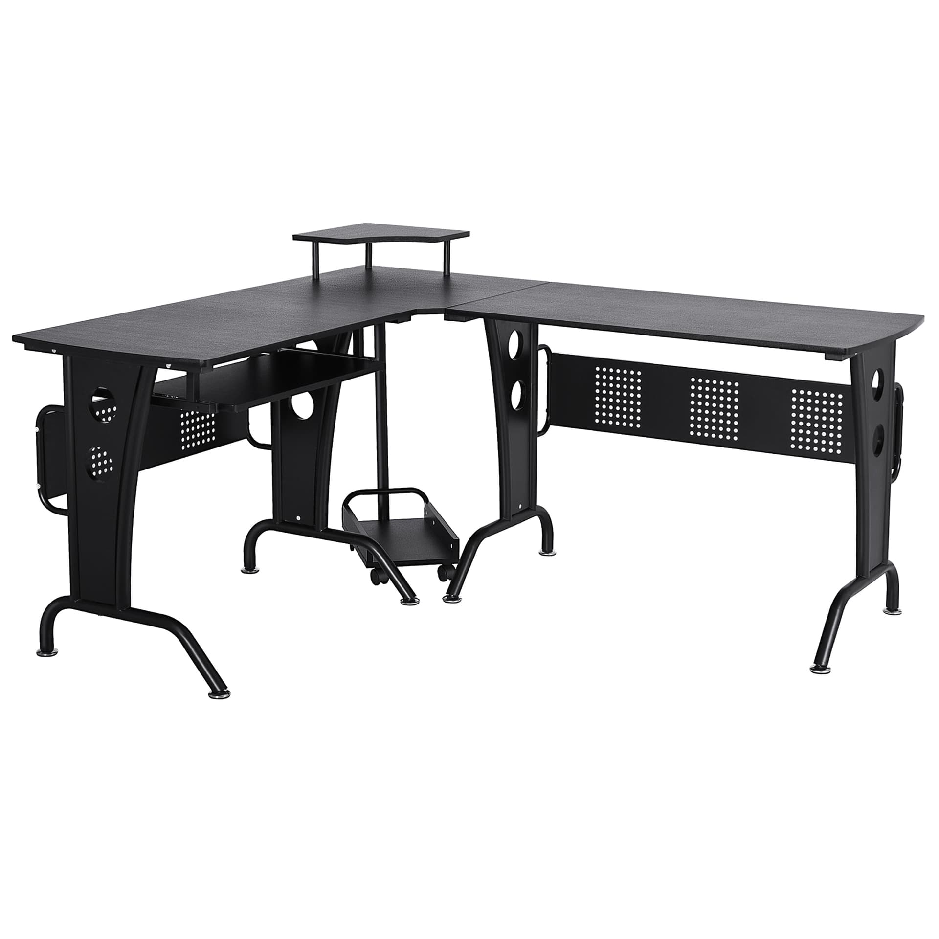 HOMCOM L-Shaped Computer Desk for PC, Corner Table for Small Spaces with Elevated Shelf, Keyboard Tray, CPU Stand, Home Office - Desks - Office Furniture
