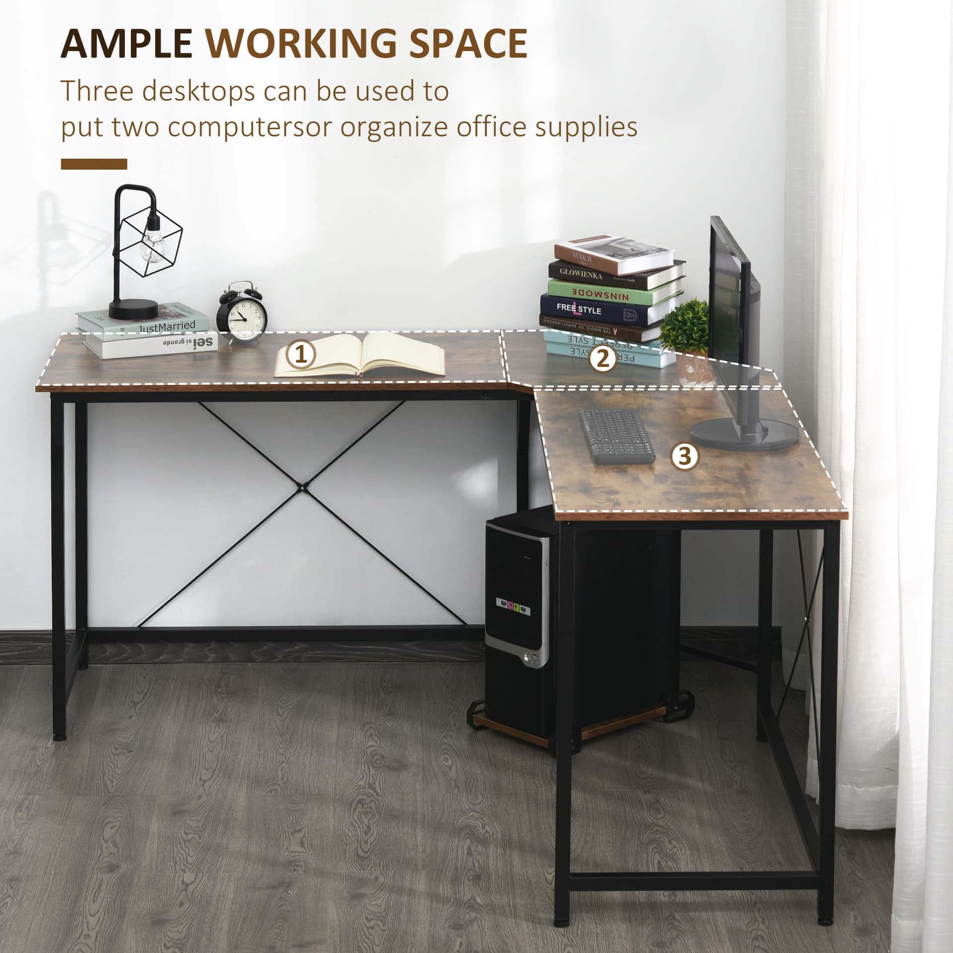 HOMCOM L-Shaped Computer Desk, 59" Corner Table for PC with CPU Holder Stand, Industrial Writing Workstation for Home Office, Study, Dorm, Rustic Brown - Office Products - Office Furniture