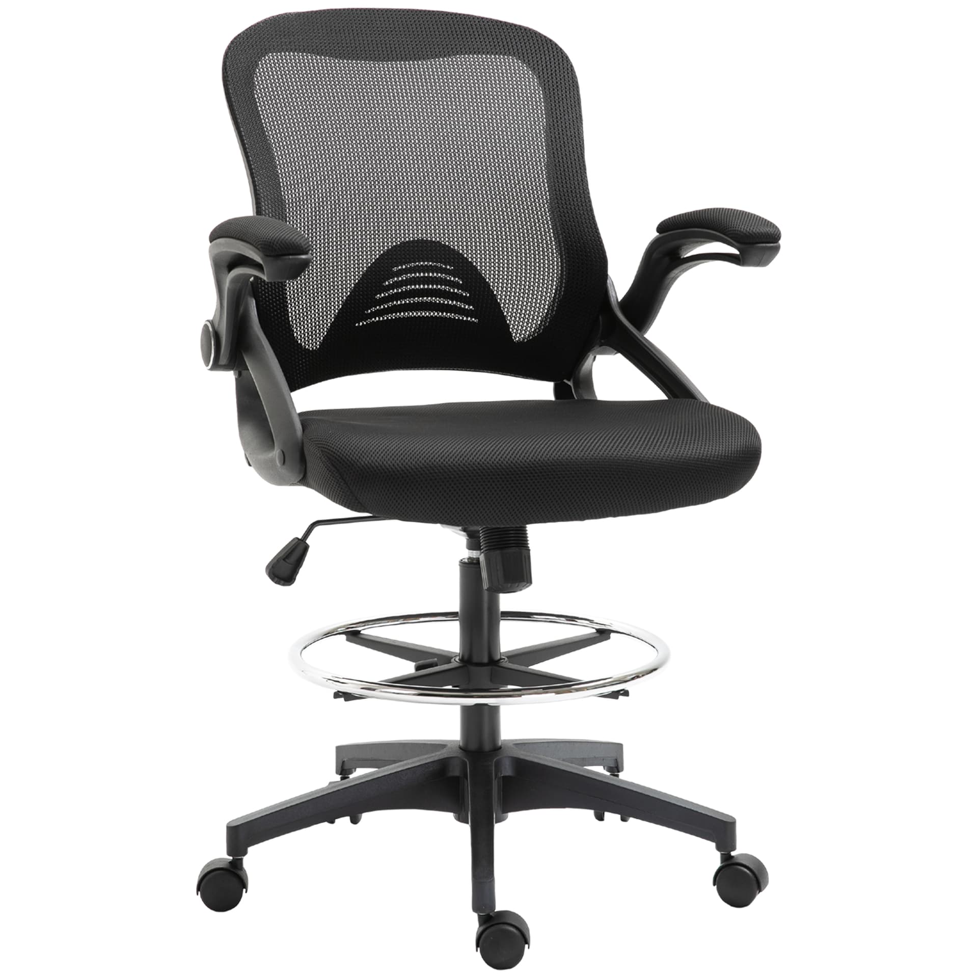 Vinsetto Adjustable Drafting Office Chair Tall Office Stand Up Chair with Flip-up Armrest and Foot Ring, 360° Swivel, Black - Office Chairs - Office Furniture