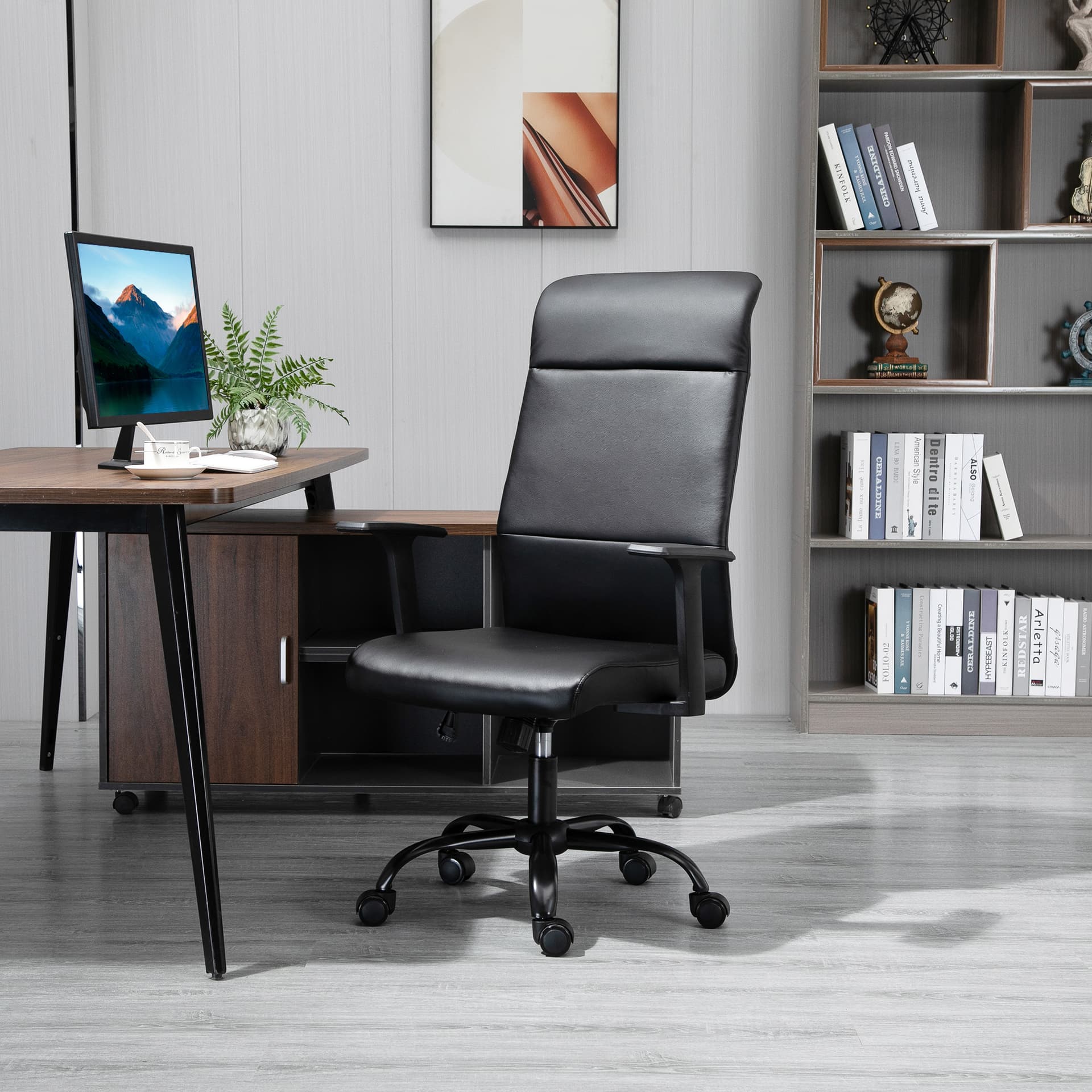 Vinsetto Office Chair High Back Height Adjustable Rolling Swivel Chair with Rocking Function Faux Leather Computer Desk , Black - Desks - Office Furniture