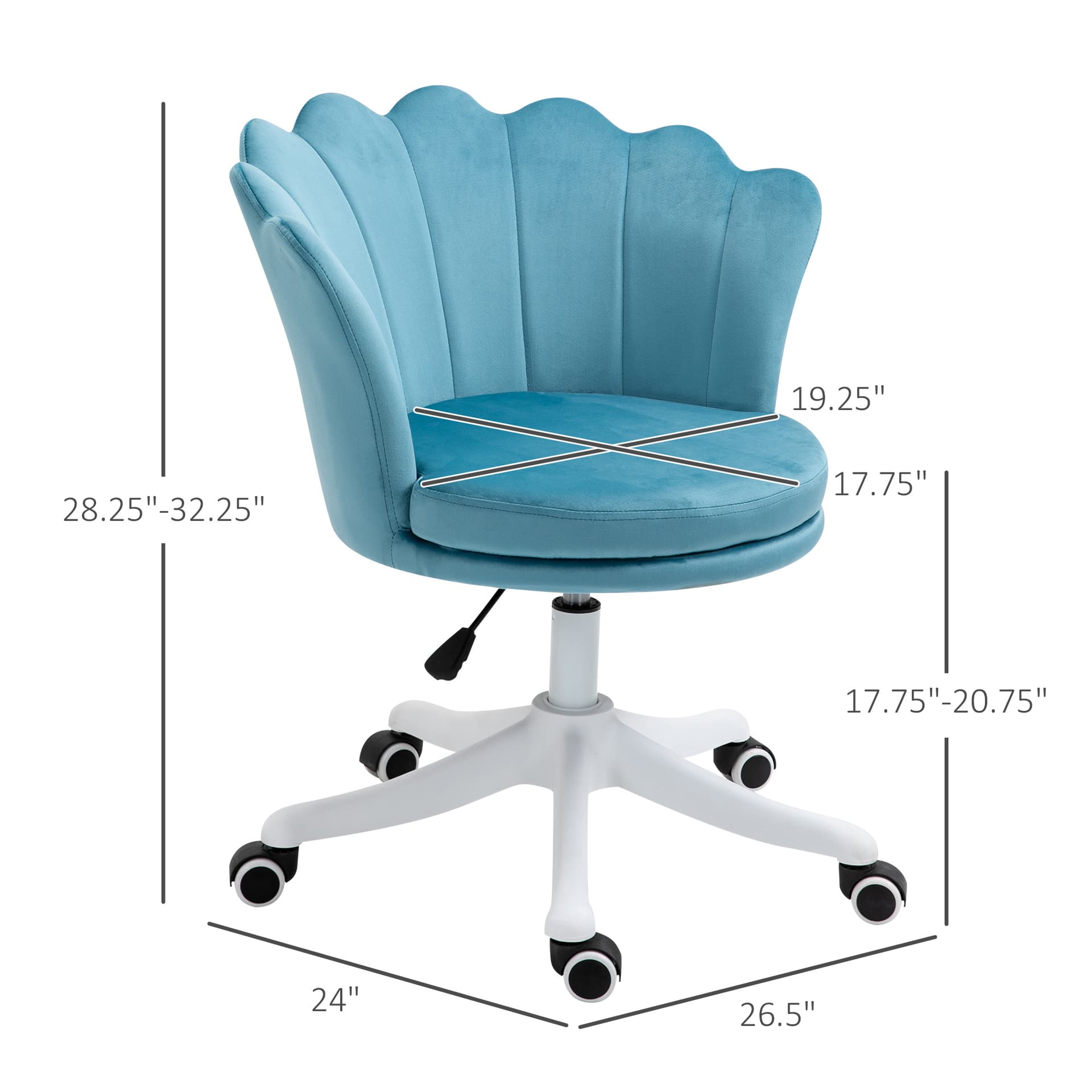 HOMCOM Mid Back Office Chair Velvet Fabric Swivel Scallop Shape Computer Desk Chair for Study, Blue - Desks - Office Furniture