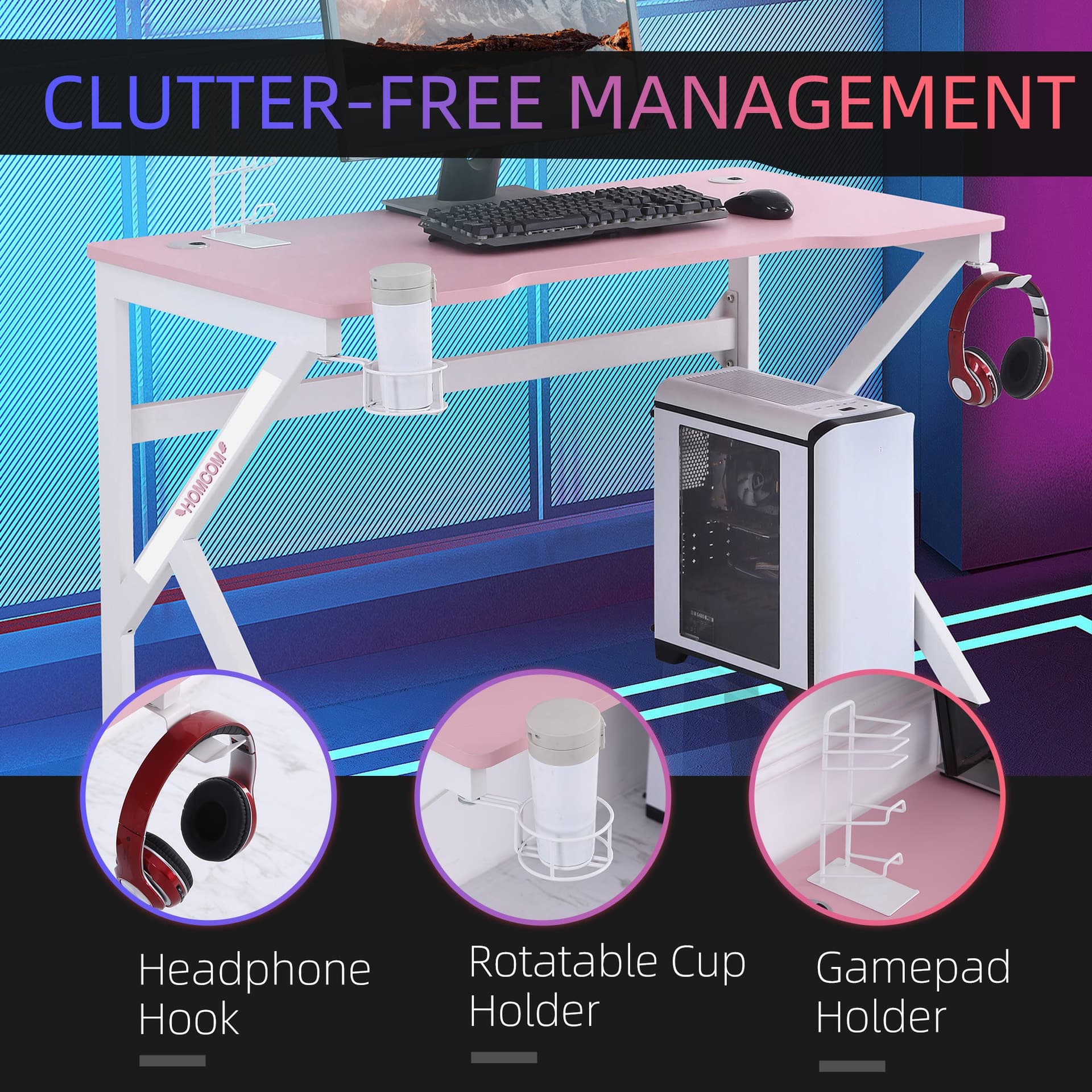 HOMCOM Gaming Desk Computer Table Racing Style for E-sport Room Office PC Workstation with Rotatable Cup Holder Foot Peg Headphone Hook Gamepad Stand Wire Port 47.25" x 23.5" x 28.75" Pink - Office Products - Office Furniture