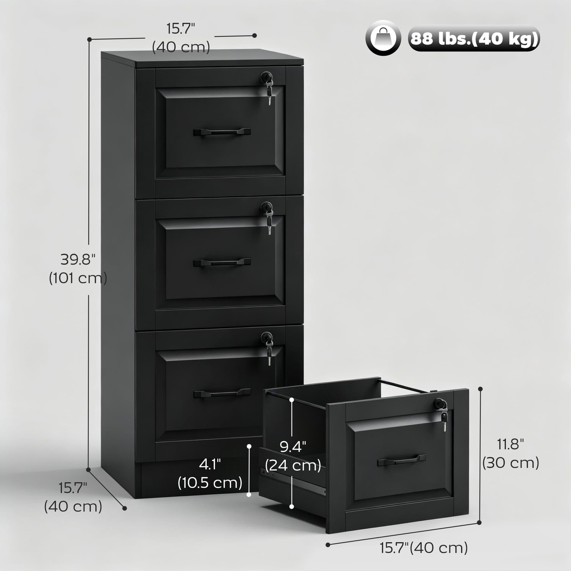 3 Drawer File Cabinet with Lock, Vertical Filing Cabinet with Adjustable Hanging Bars for A4 and Letter Size, Black - Office Cabinets & Cupboards - Office Furniture