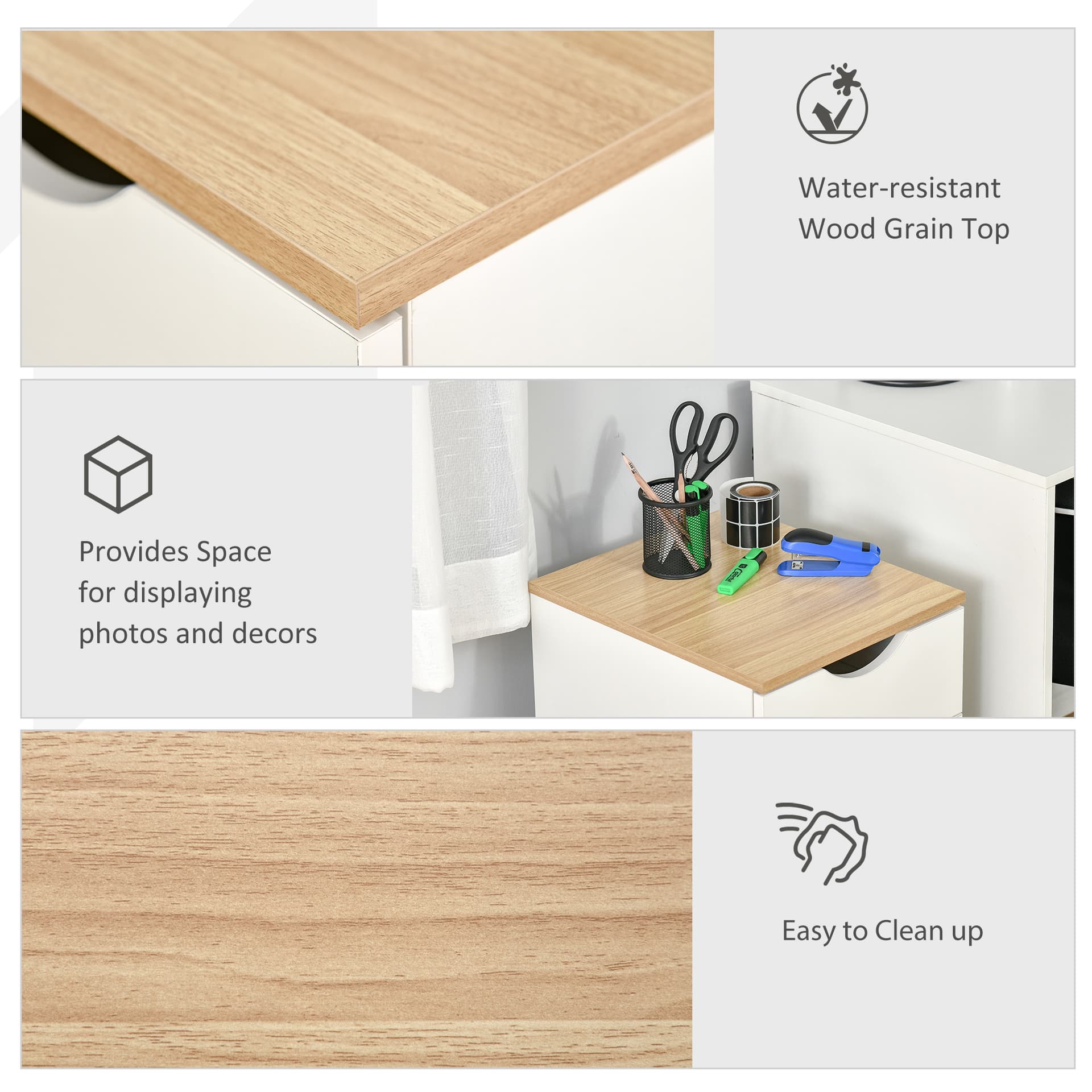 HOMCOM 3-Drawer Storage Cabinet with Wheels for Home Office, White and Natural - Office Products - Office Furniture