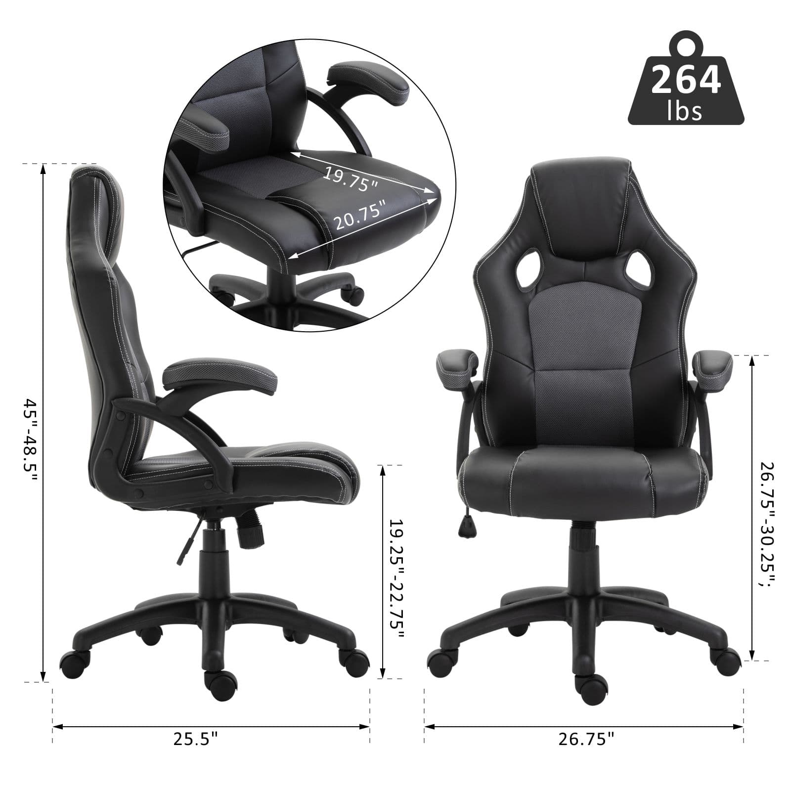 Vinsetto 360° Swivel Office Chair Adjustable Height PU Leather E-sports Rocker, Black and Grey - Office Chairs - Office Furniture