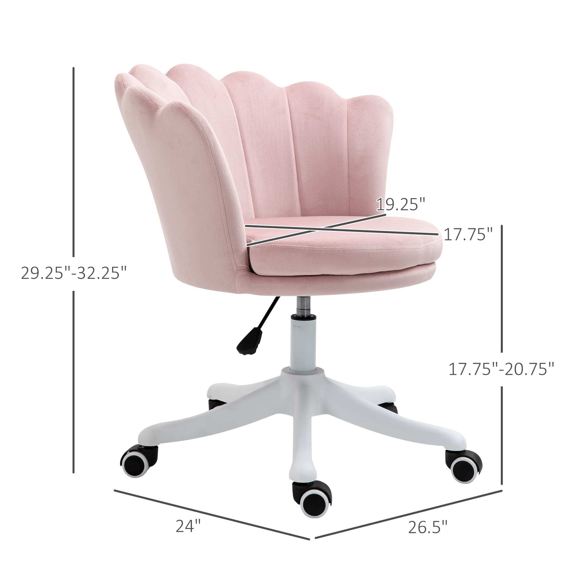 HOMCOM Mid Back Office Chair Velvet Fabric Swivel Scallop Shape Computer Chair for Study, Pink - Office Chairs - Office Furniture