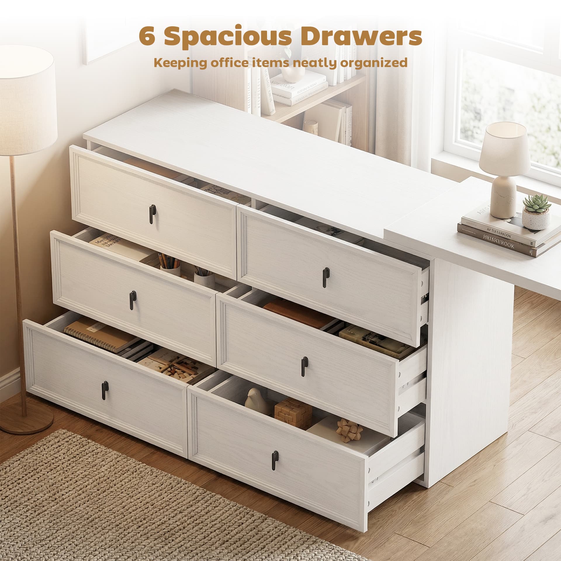L Shaped Computer Desk Home Office Desk with 6 Drawers White Wood Grain - Computer Desks - Office Furniture