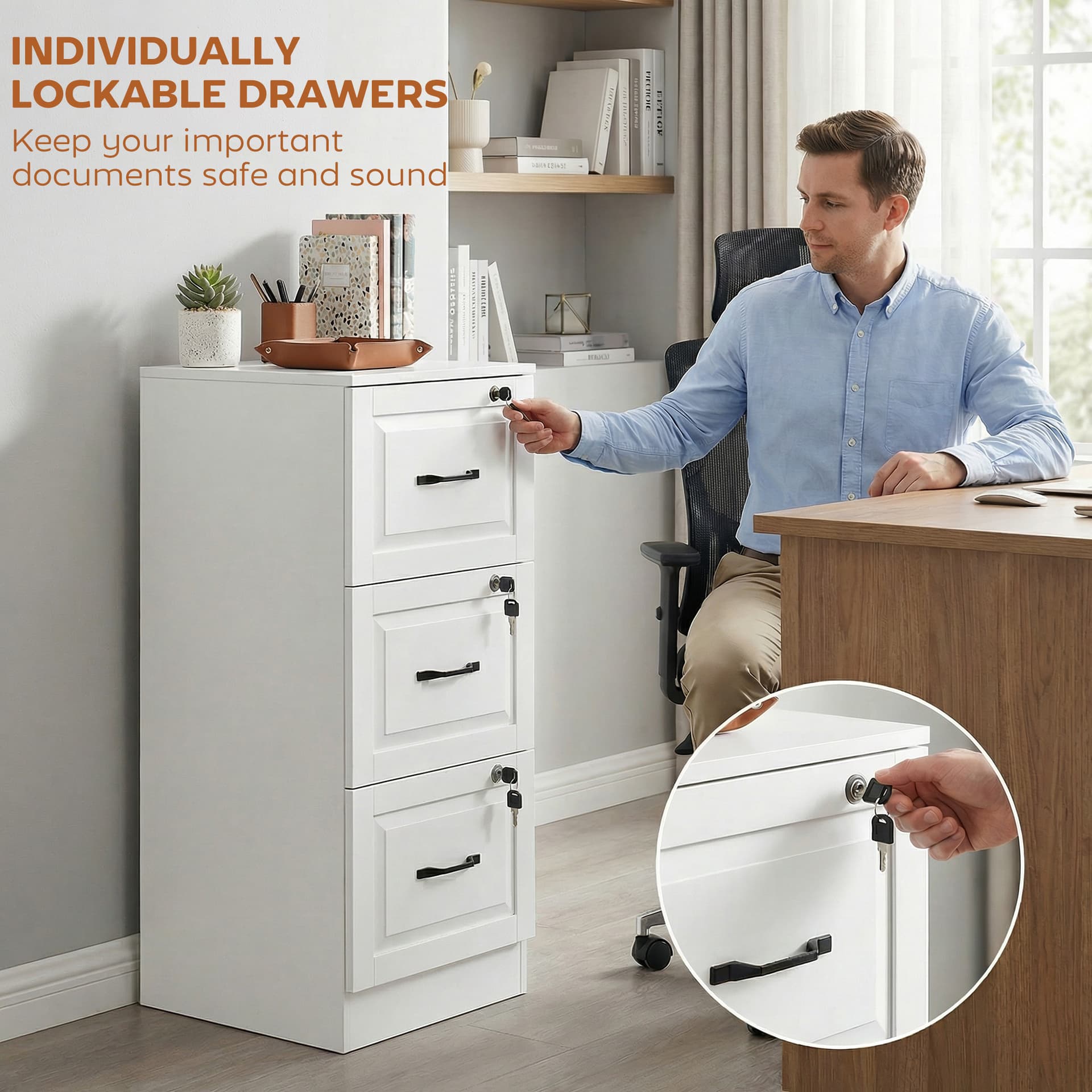 3 Drawer File Cabinet with Lock, Vertical Filing Cabinet with Adjustable Hanging Bars for A4 and Letter Size, White - Office Cabinets & Cupboards - Office Furniture