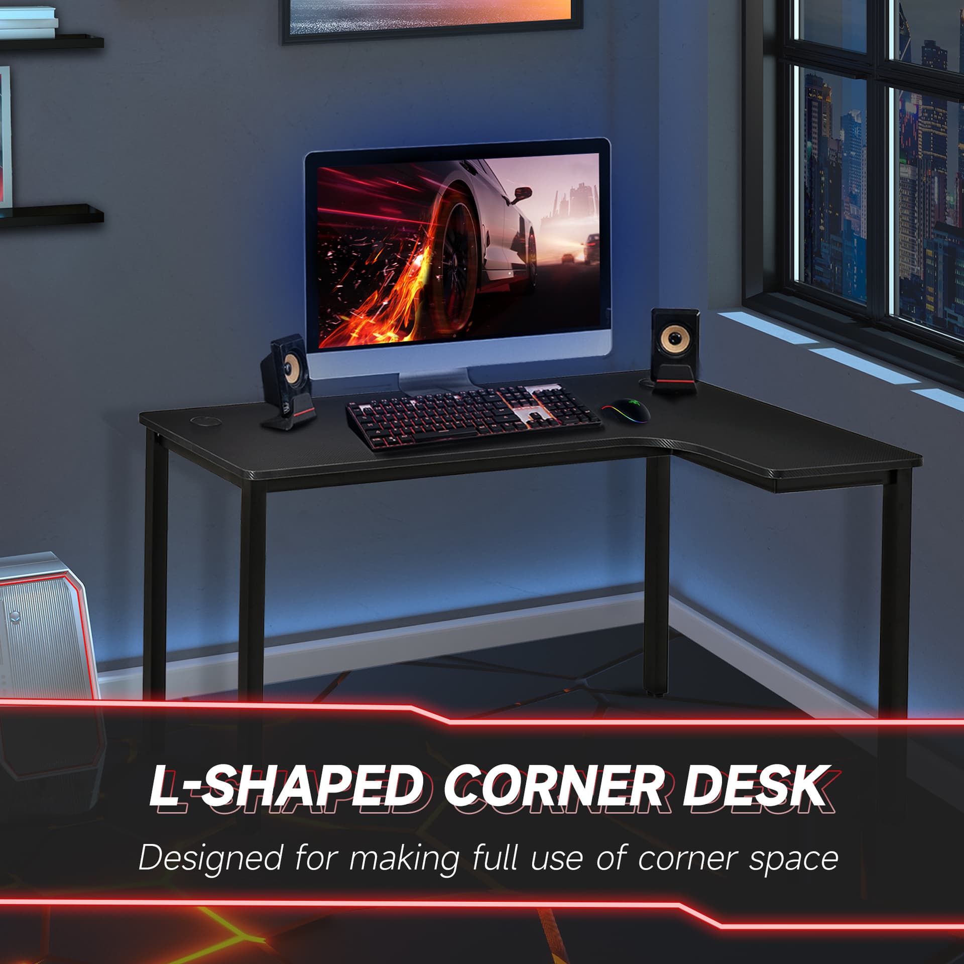 HOMCOM L-Shaped Desk 57" Corner Computer Desk Gaming Table Home Office Writing Workstation with Cable Management Black - Office Products - Office Furniture
