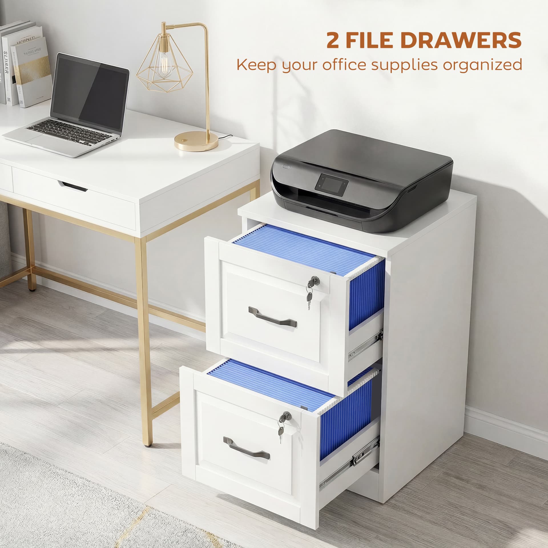 2 Drawer File Cabinet with Lock, Vertical Filing Cabinet with Adjustable Hanging Bars for A4 and Letter Size, White - Office Cabinets & Cupboards - Office Furniture