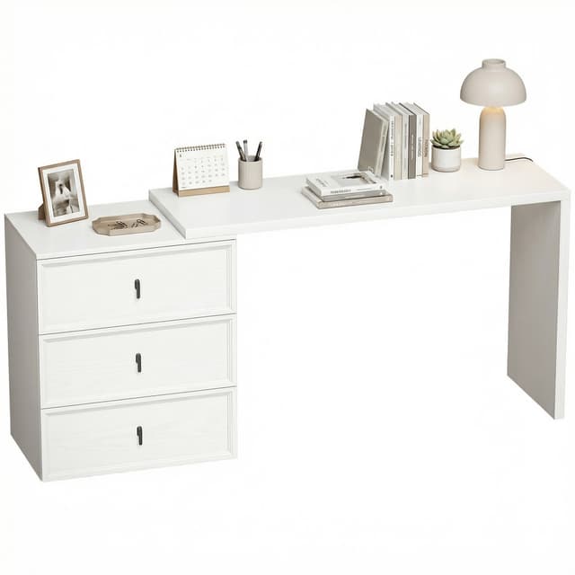L Shaped Computer Desk Home Office Desk with 3 Drawers White Wood Grain
