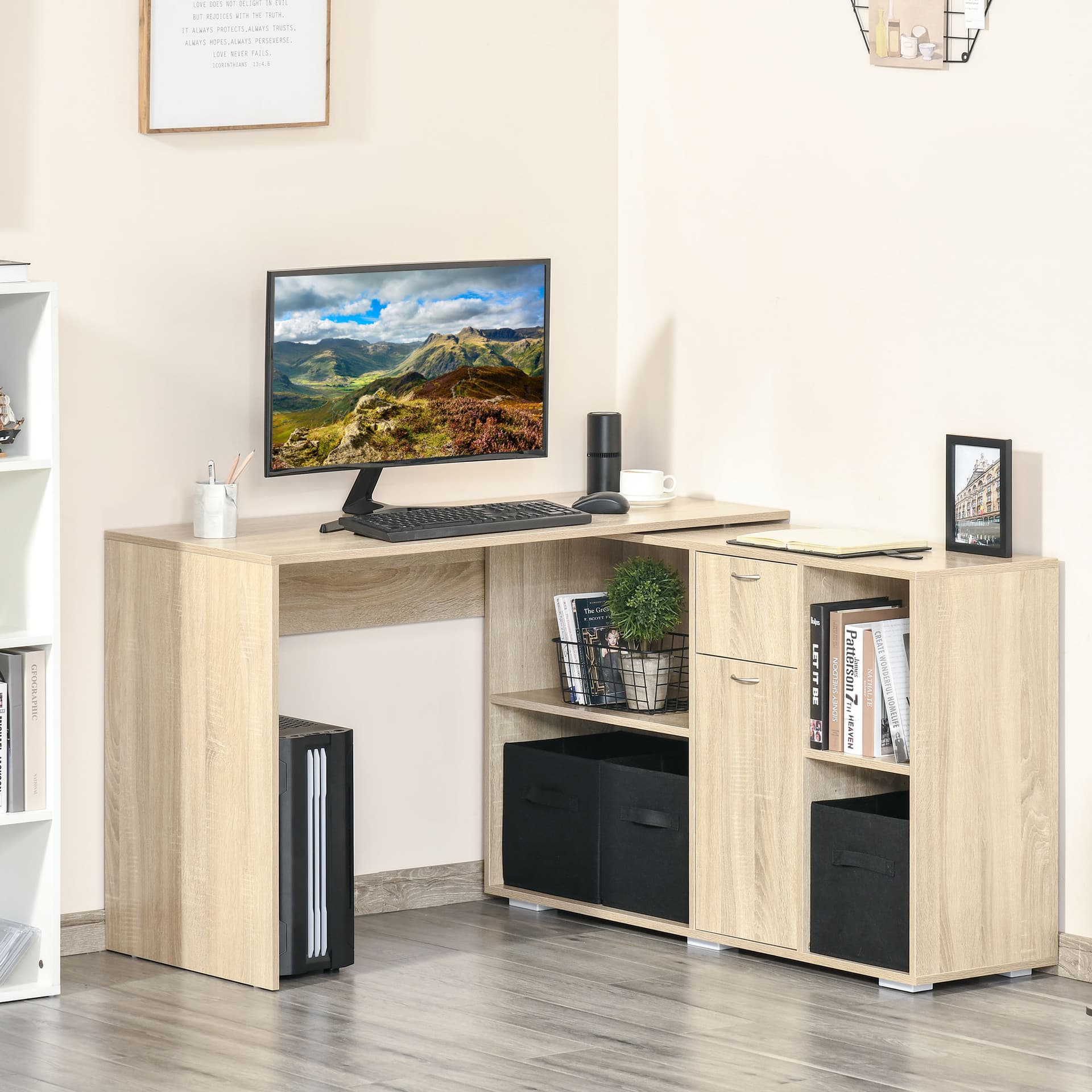 HOMCOM Convertable L-shape Computer Desk Home Office Table with Storage Shelf Drawer Cabinet Oak - Desks - Office Furniture