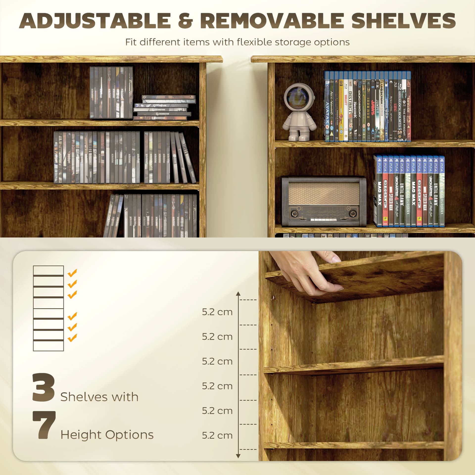 8-Tier DVD Shelf with 6 Adjustable Shelves, Slim CD Shelf, Holds 360 CDs, 185 DVDs or 185 Blu-rays, Rustic Brown - Office Supplies - Office Furniture