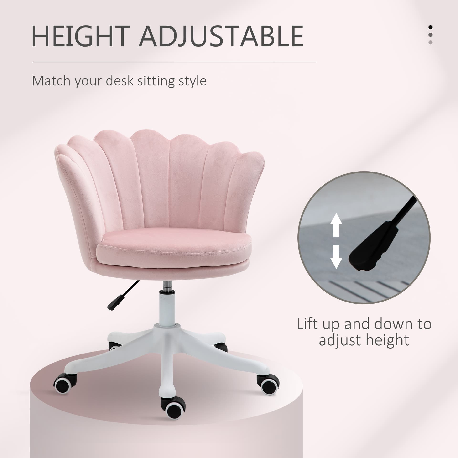 HOMCOM Mid Back Office Chair Velvet Fabric Swivel Scallop Shape Computer Chair for Study, Pink - Office Chairs - Office Furniture