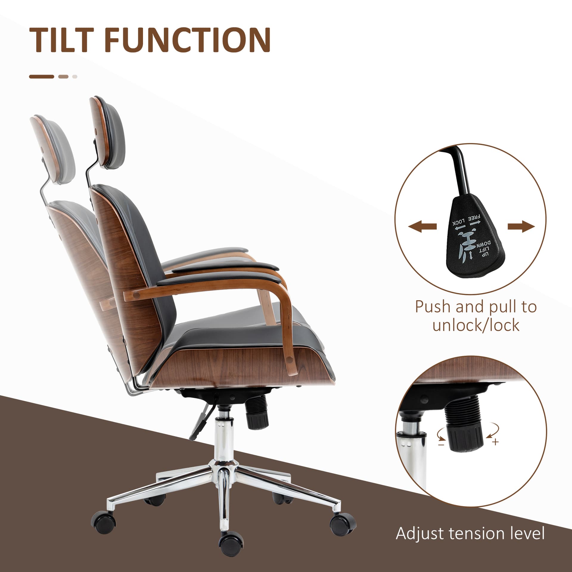 Office Chair, PU Leather Desk Chair with Removable Headrest, Adjustable Height, Tilt Function and with Wheels, Black - Office Chairs - Office Furniture