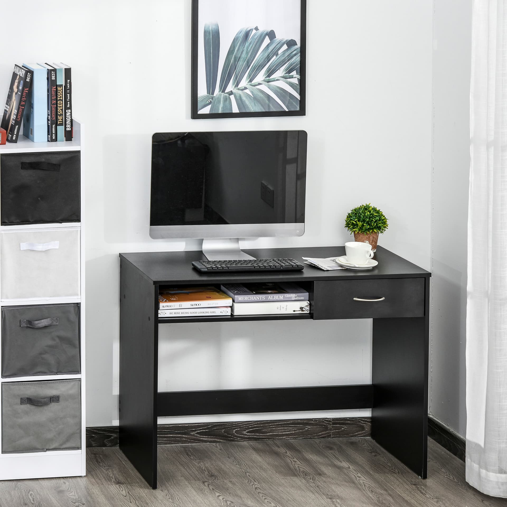 HOMCOM Modern Computer Desk with Drawer, Writing Table with Storage Shelf, Home Office Workstation, Black - Desks - Office Furniture