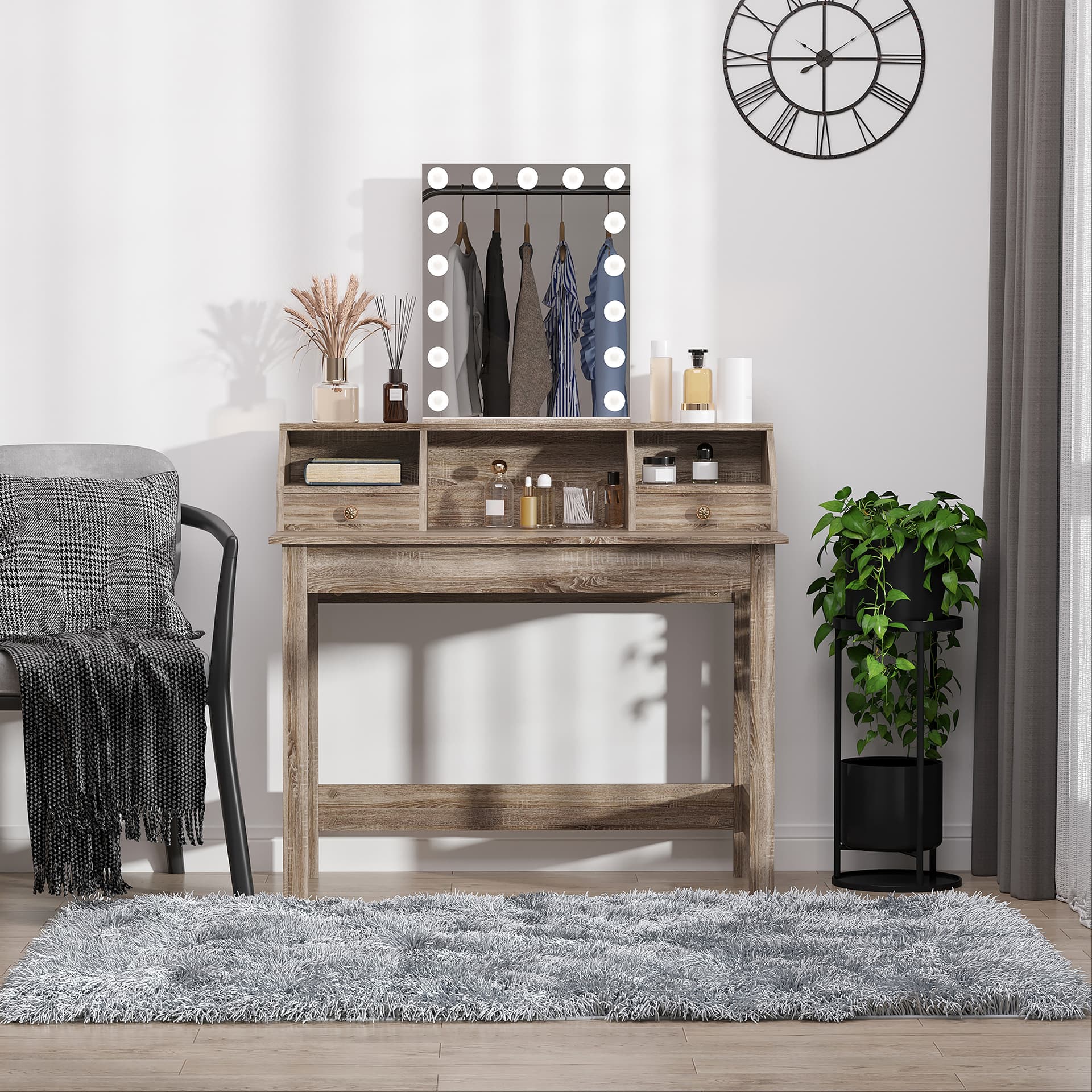 HOMCOM Rectangle Computer Desk with Display Shelves Drawers Home Office Table Workstation Natural Wood Grain - Desks - Office Furniture