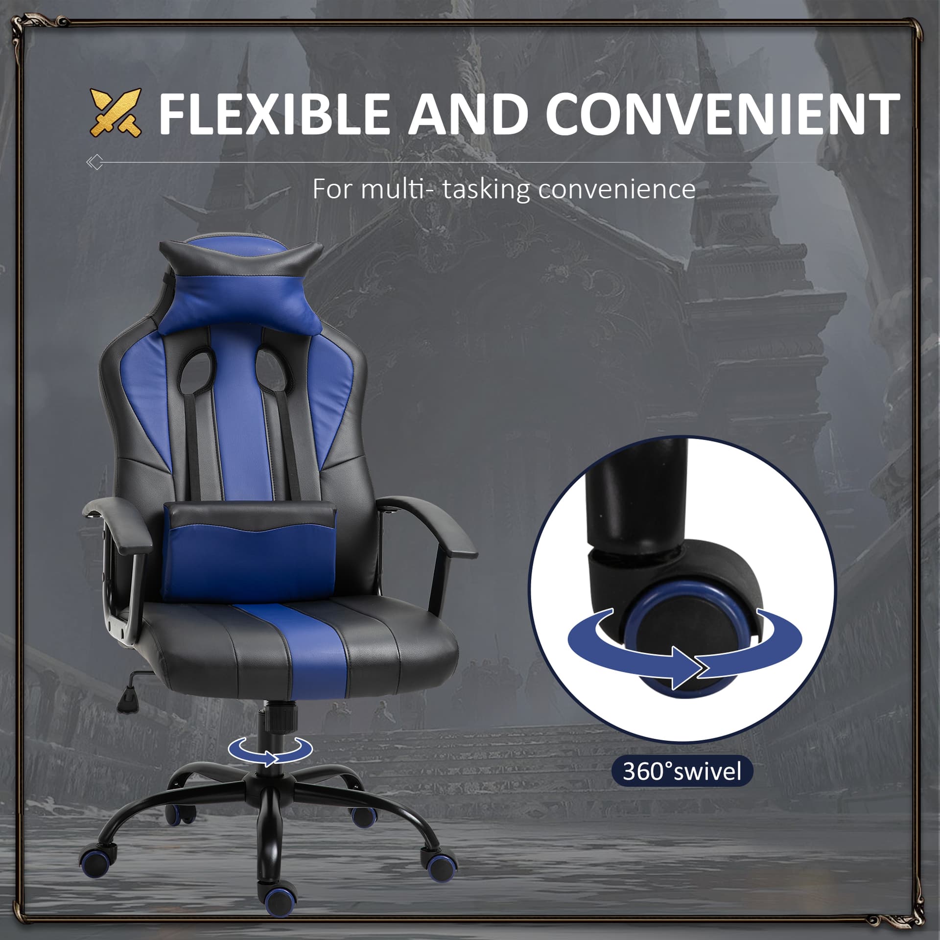 Vinsetto Office Chair High Back Racing Style Gaming Chair Adjustable PU Leather Swivel Computer Task Seat with Lumbar Support and Pillow Blue - Office Chairs - Office Furniture