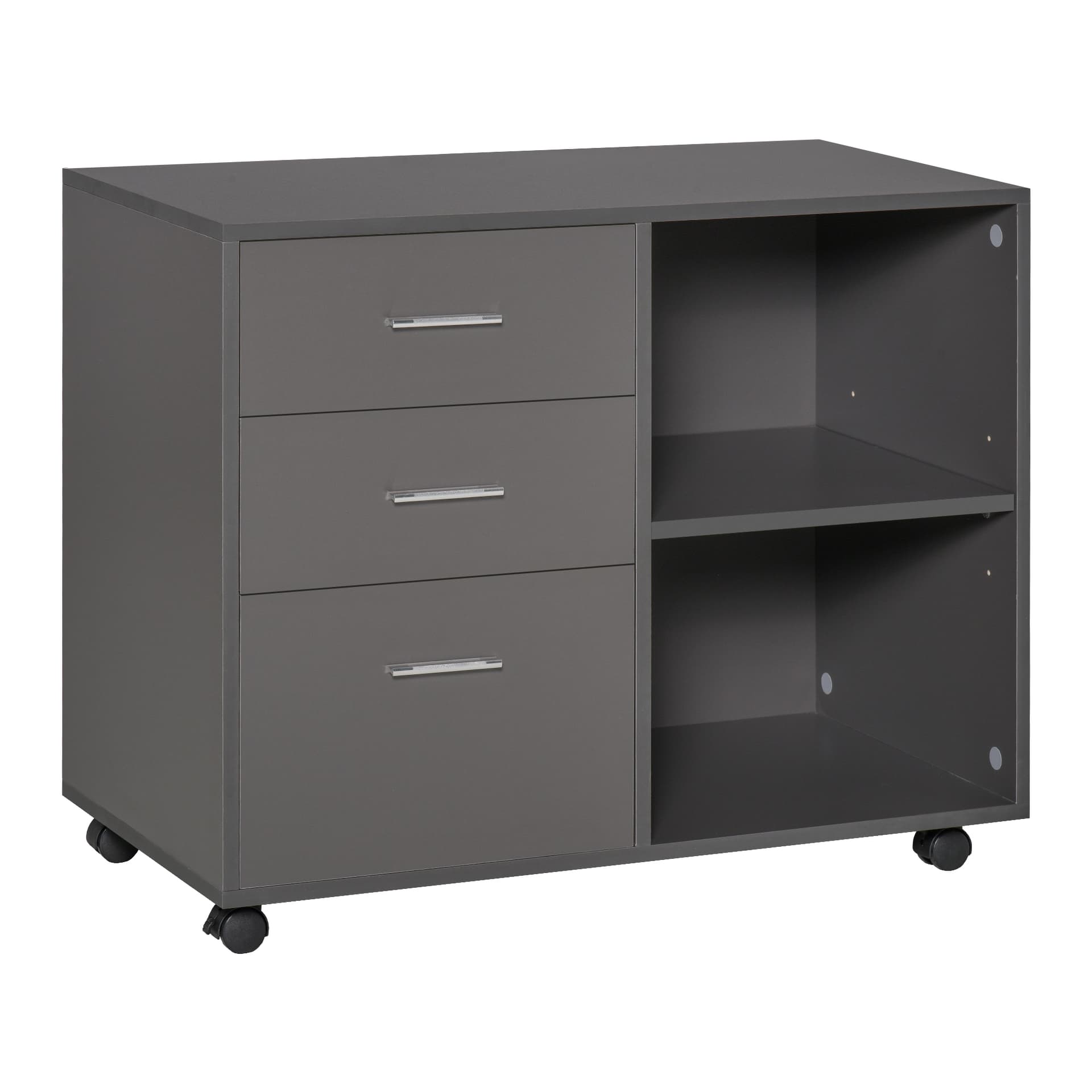 HOMCOM Modern Lateral Filing Cabinet, 3 Drawer File Cabinet, Mobile, Printer Stand with Open Shelves, Rolling Wheels, Grey - Office Products - Office Furniture