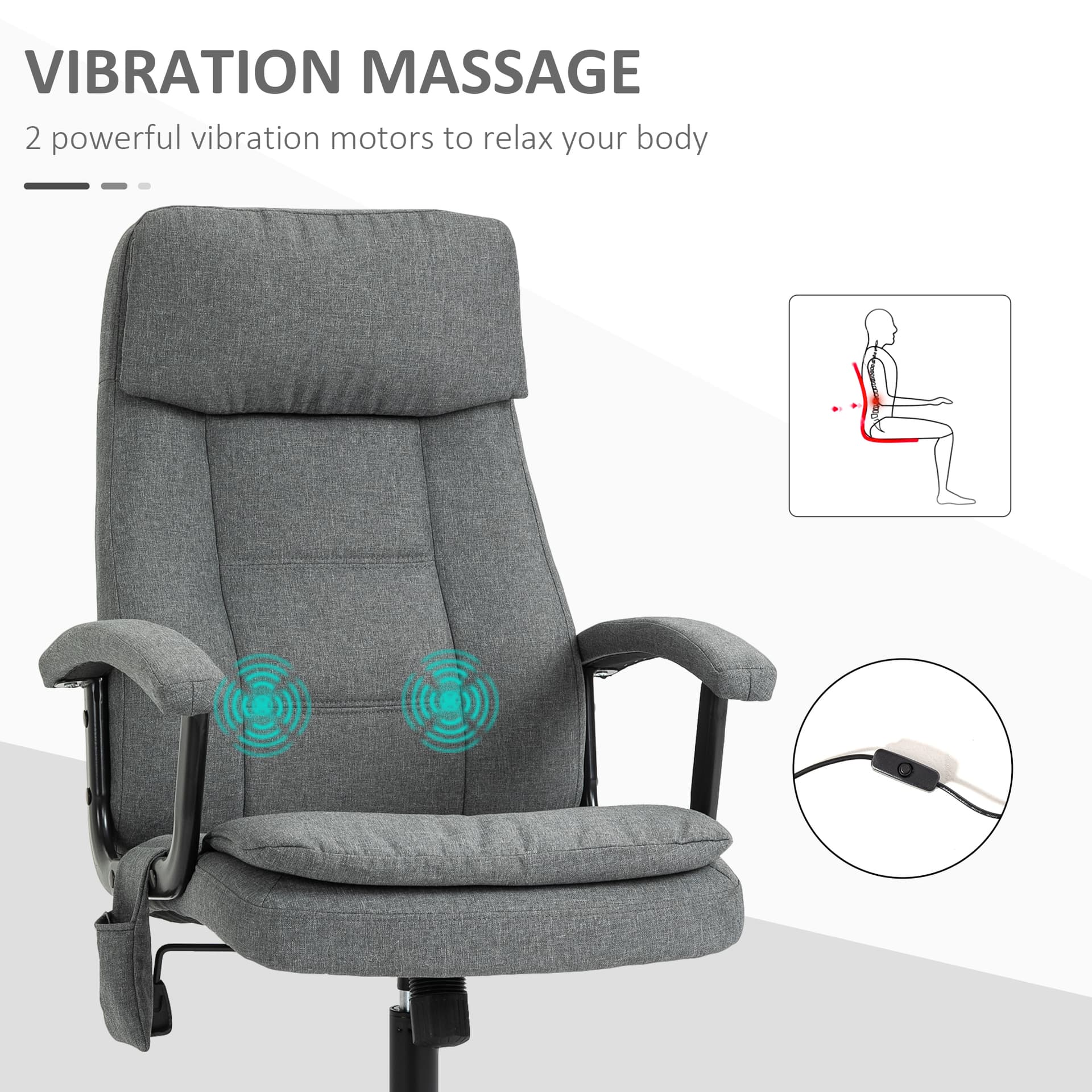 Vinsetto Office Chair 2-Point Massage Executive Ergonomic USB Power Adjustable Height 360° Swivel Grey - Office Chairs - Office Furniture