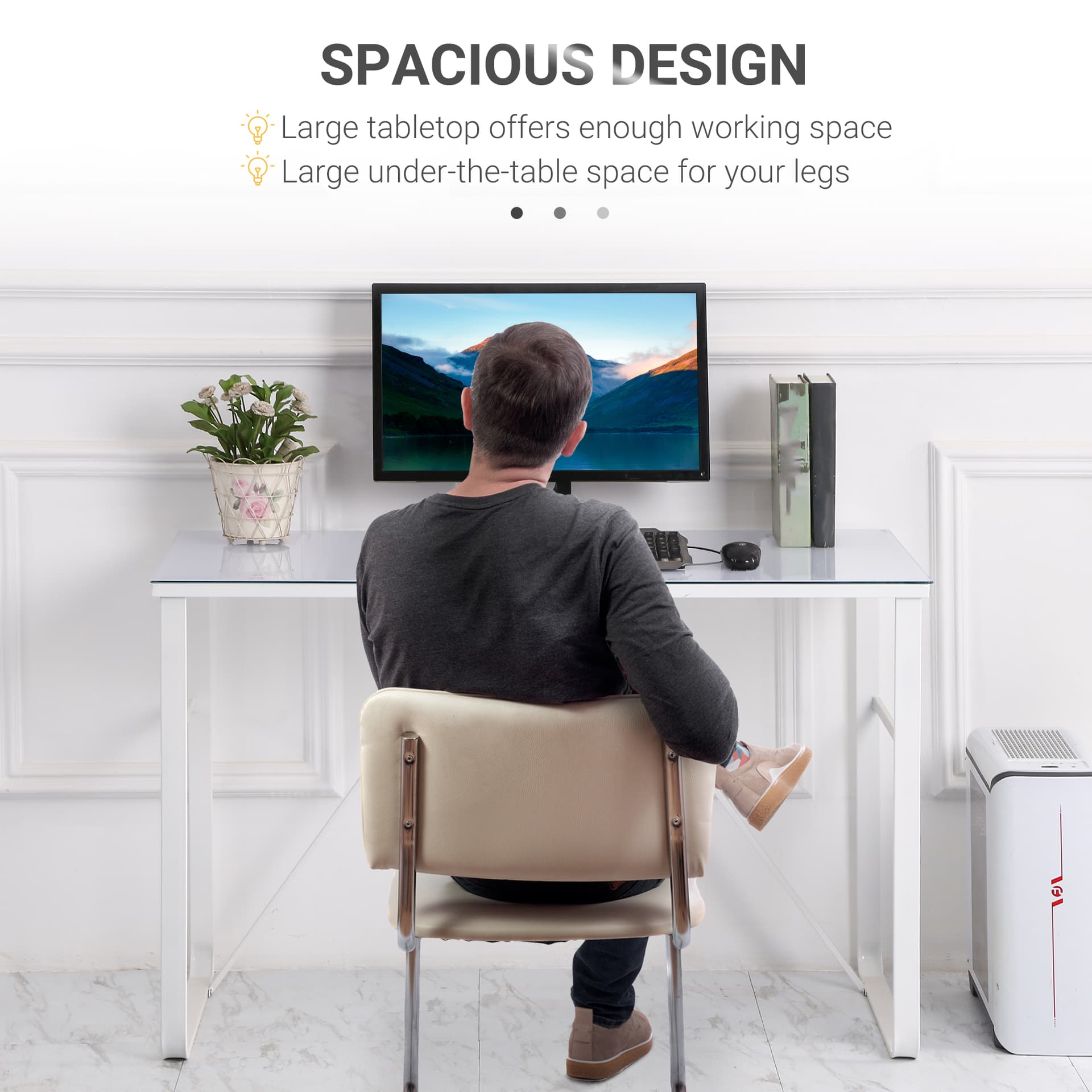 HOMCOM Office Table Glass Top Writing Desk Home Working Station Gaming Desk Metal Frame Easy Assembly, White - Desks - Office Furniture