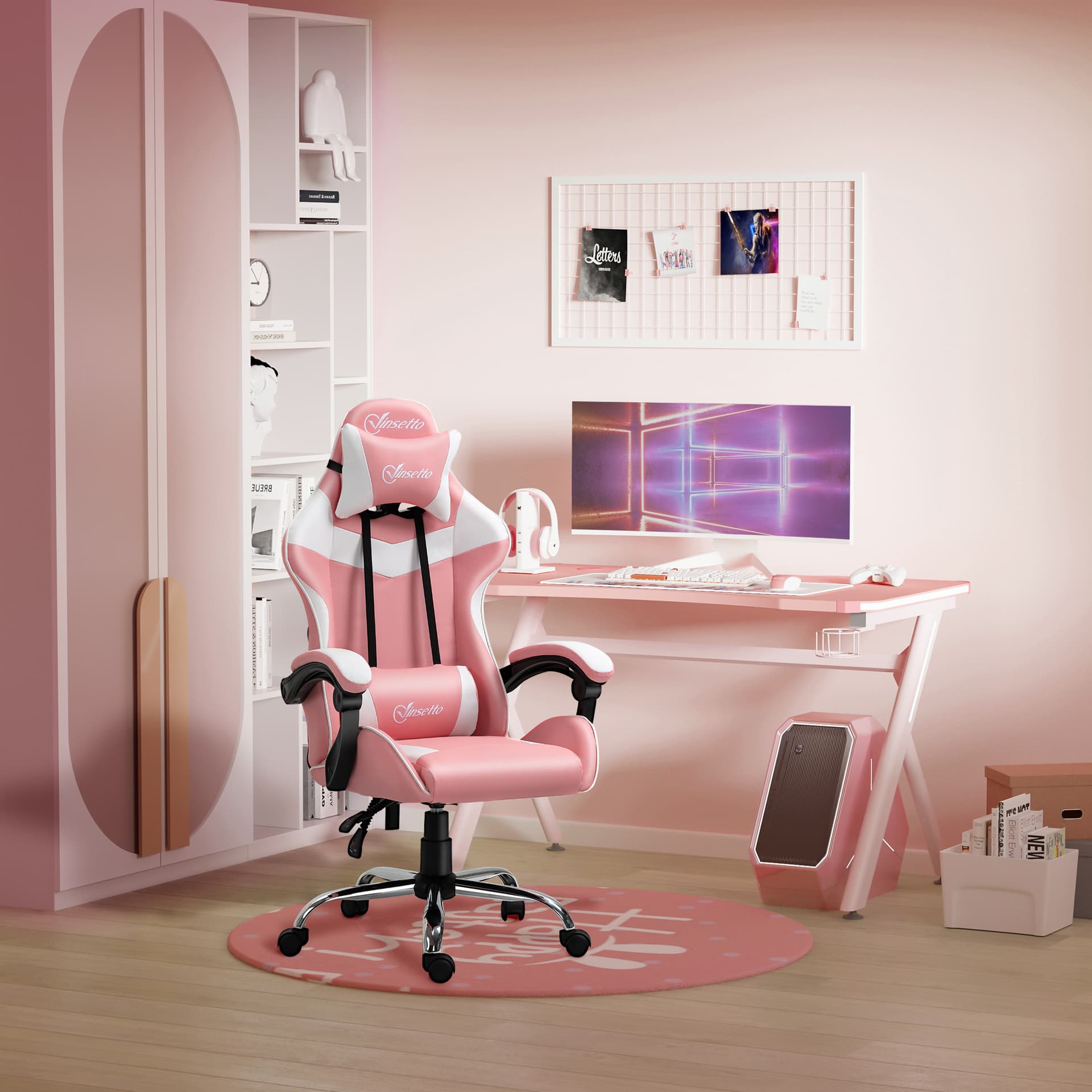 Vinsetto Racing Gaming Chair with Lumbar Support, Head Pillow, Swivel High Back Recliner Gamer Desk Chair for Office, Pink - Desks - Office Furniture