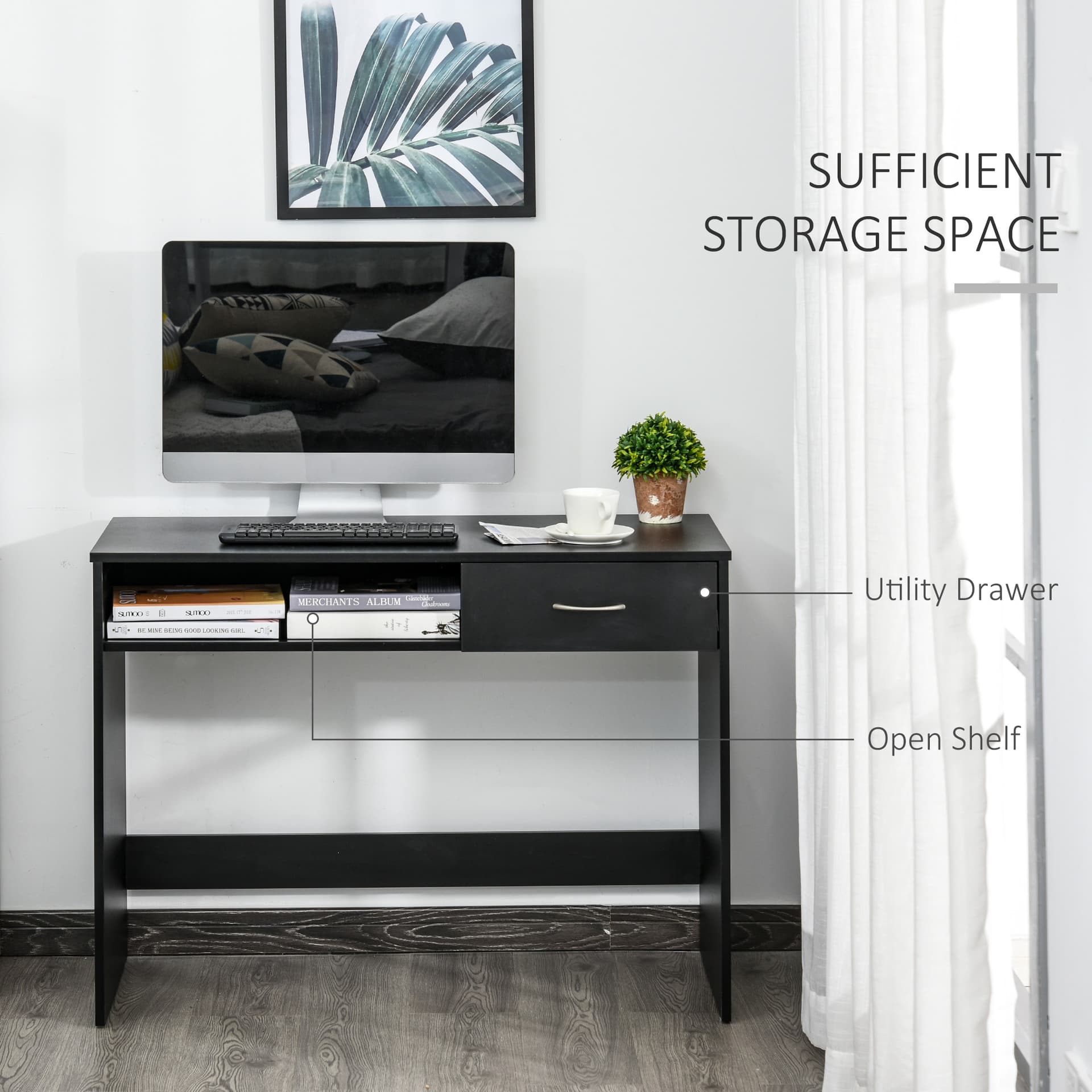 HOMCOM Modern Computer Desk with Drawer, Writing Table with Storage Shelf, Home Office Workstation, Black - Desks - Office Furniture