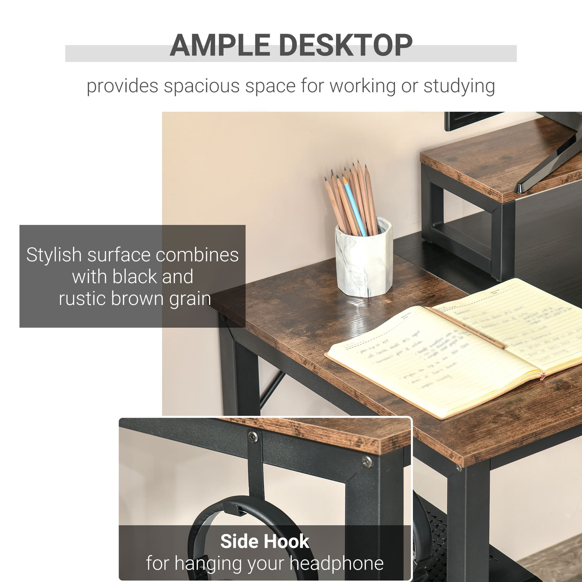 HOMCOM Industrial Style Computer Desk, Home Office Writing Desk, PC Laptop Workstation with Raised Monitor Stand, Side Hook, Adjutable Feet, Rustic Brown and Black - Desks - Office Furniture