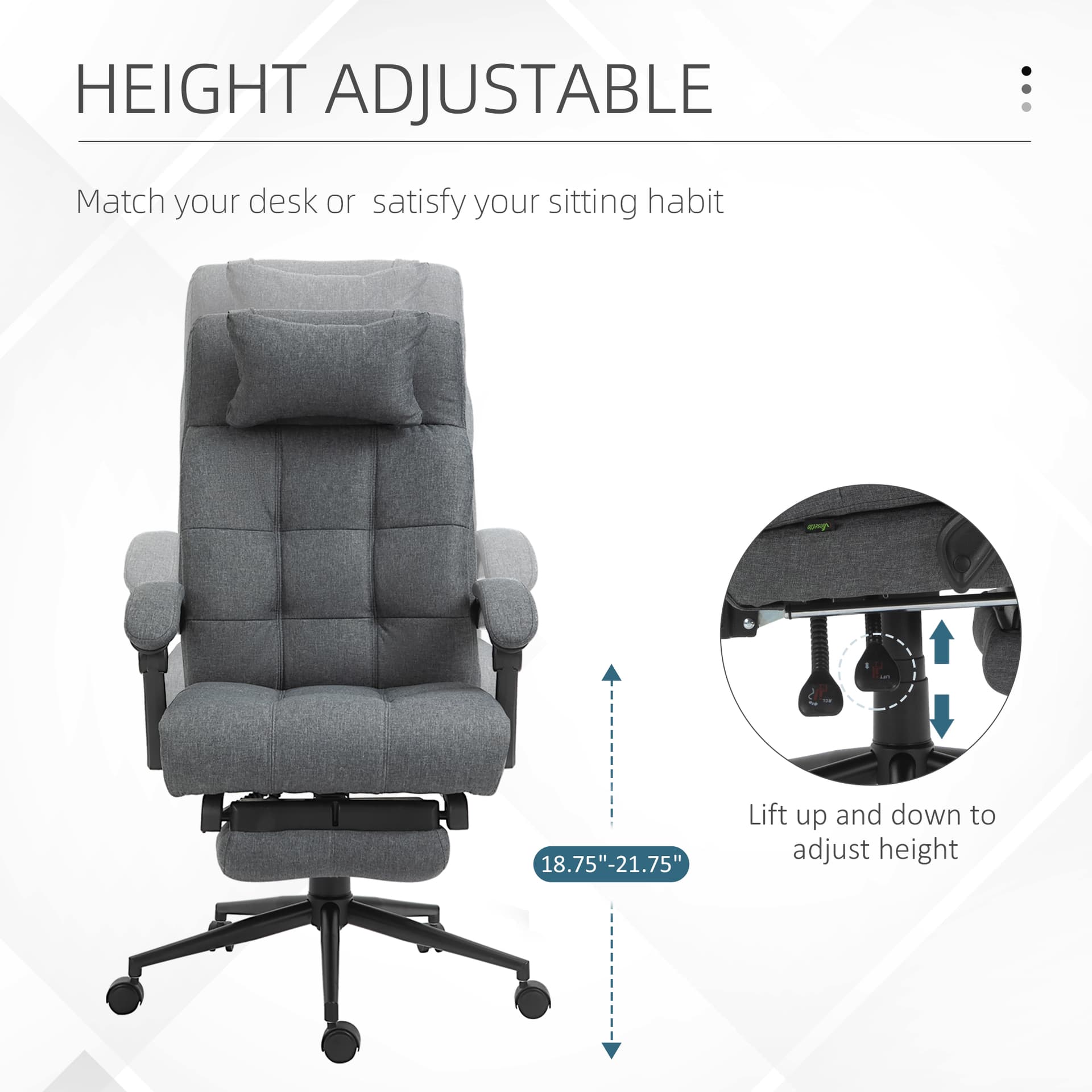 Vinsetto Office Chair Fabric High Back Swivel Task Chair with Footrest, Headrest and Padded Armrest, Deep Grey - Office Chairs - Office Furniture