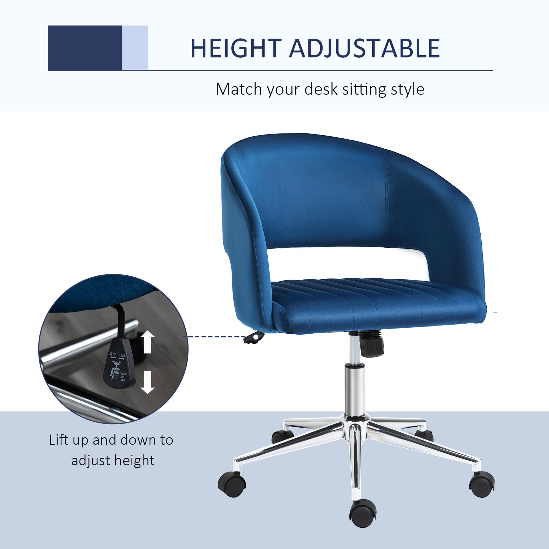 Vinsetto Leisure Office Chair Velvet Fabric Swivel Moon Shape Computer Desk Chair Study with Wheels  Blue - Desks - Office Furniture