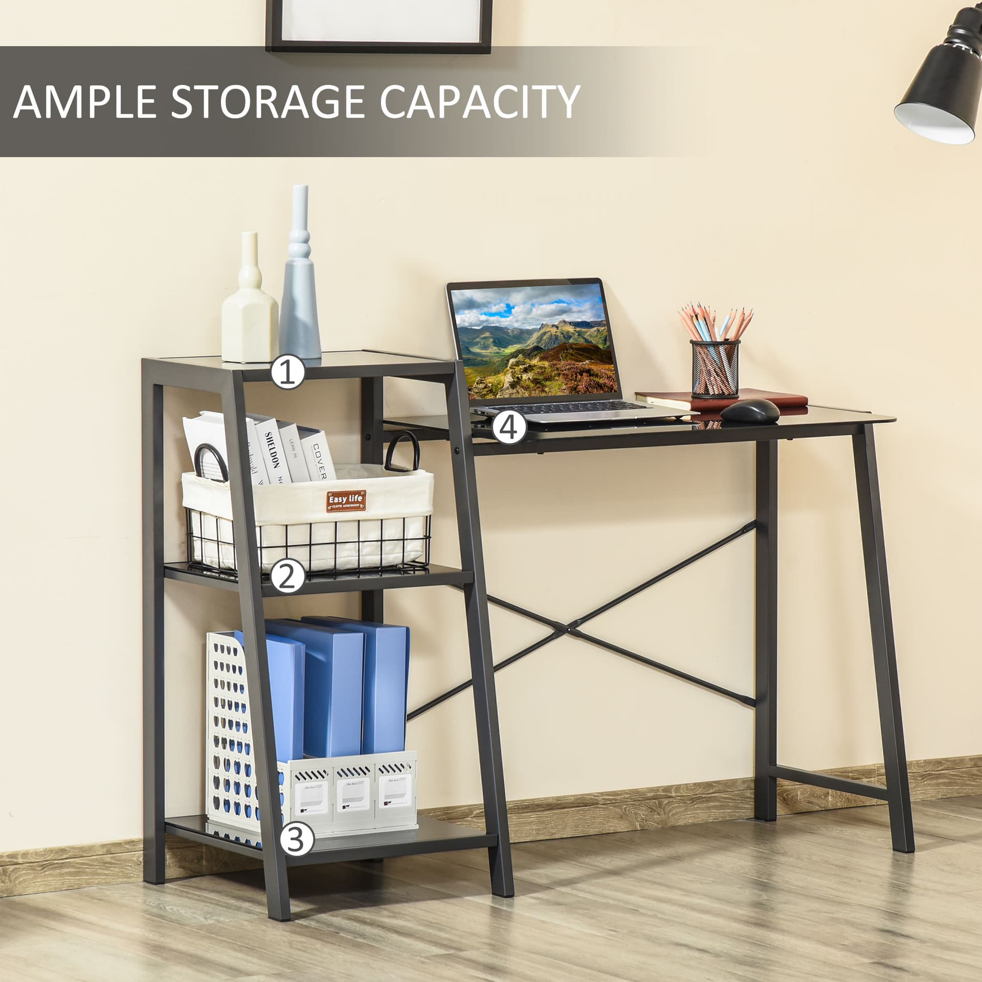 HOMCOM 49.5" Home Office Computer Desk with Shelves Study Table with Storage Laptop Desk for Bedroom Small Space Black - Desks - Office Furniture