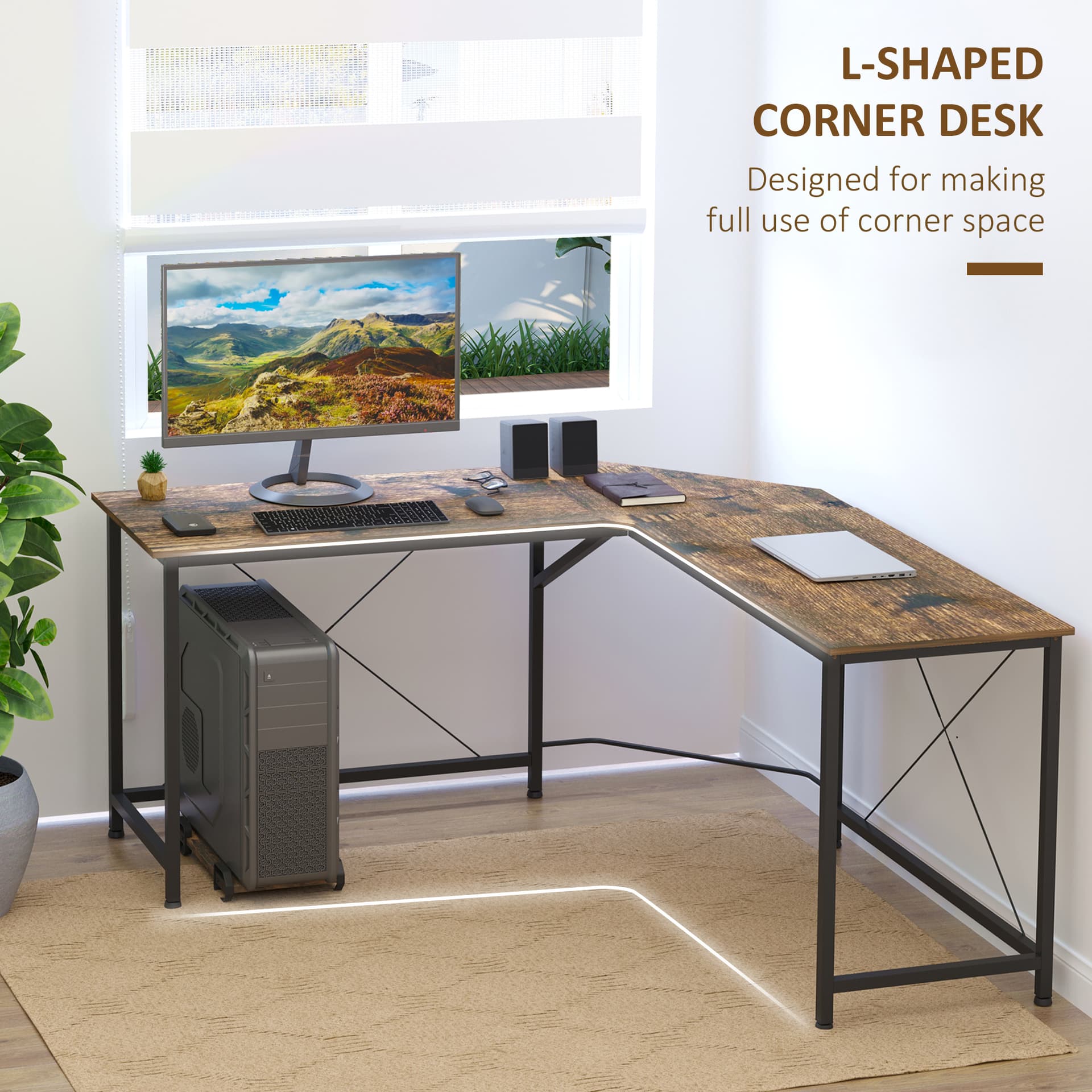 HOMCOM L-Shaped Computer Desk, 59" Corner Table for PC with CPU Holder Stand, Industrial Writing Workstation for Home Office, Study, Dorm, Rustic Brown - Office Products - Office Furniture