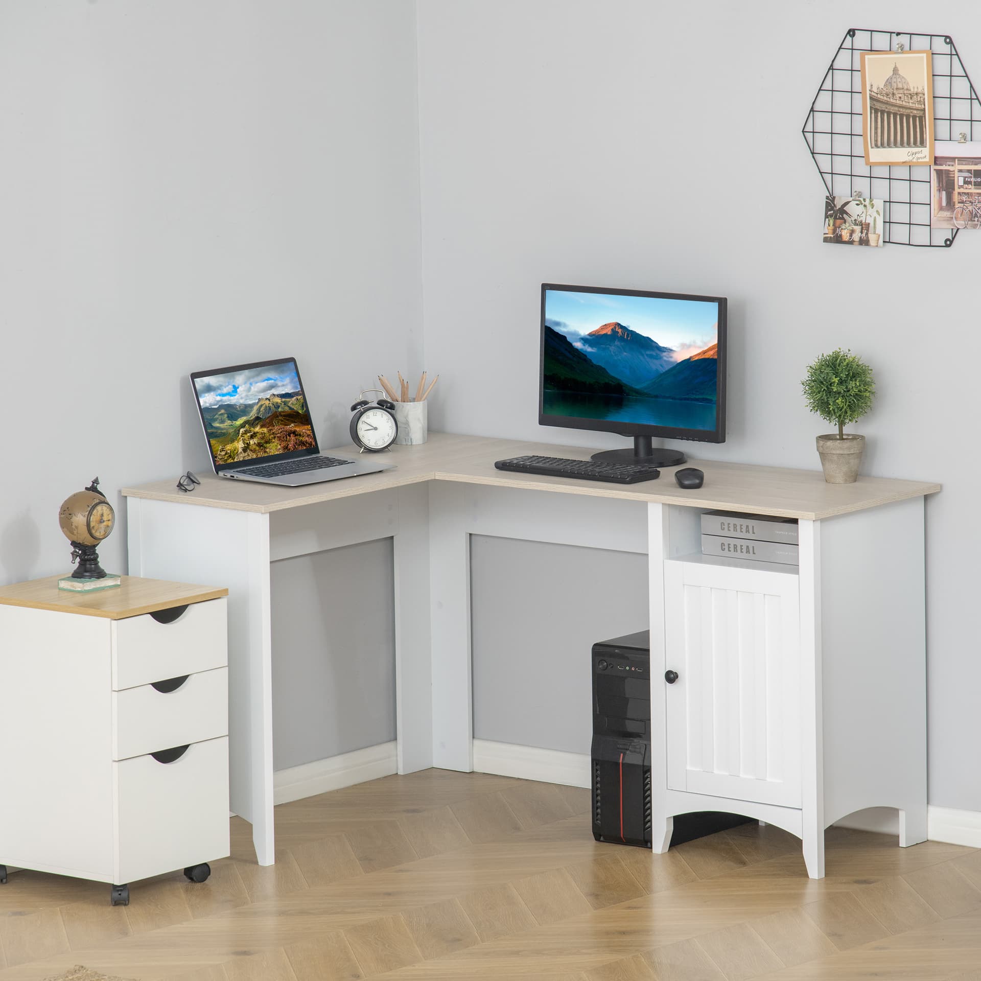 HOMCOM L-Shaped Computer Desk with Shelf and Storage Cabinet, Corner Writing Desk, Home Office Workstation, Natural Wood and White - Office Products - Office Furniture