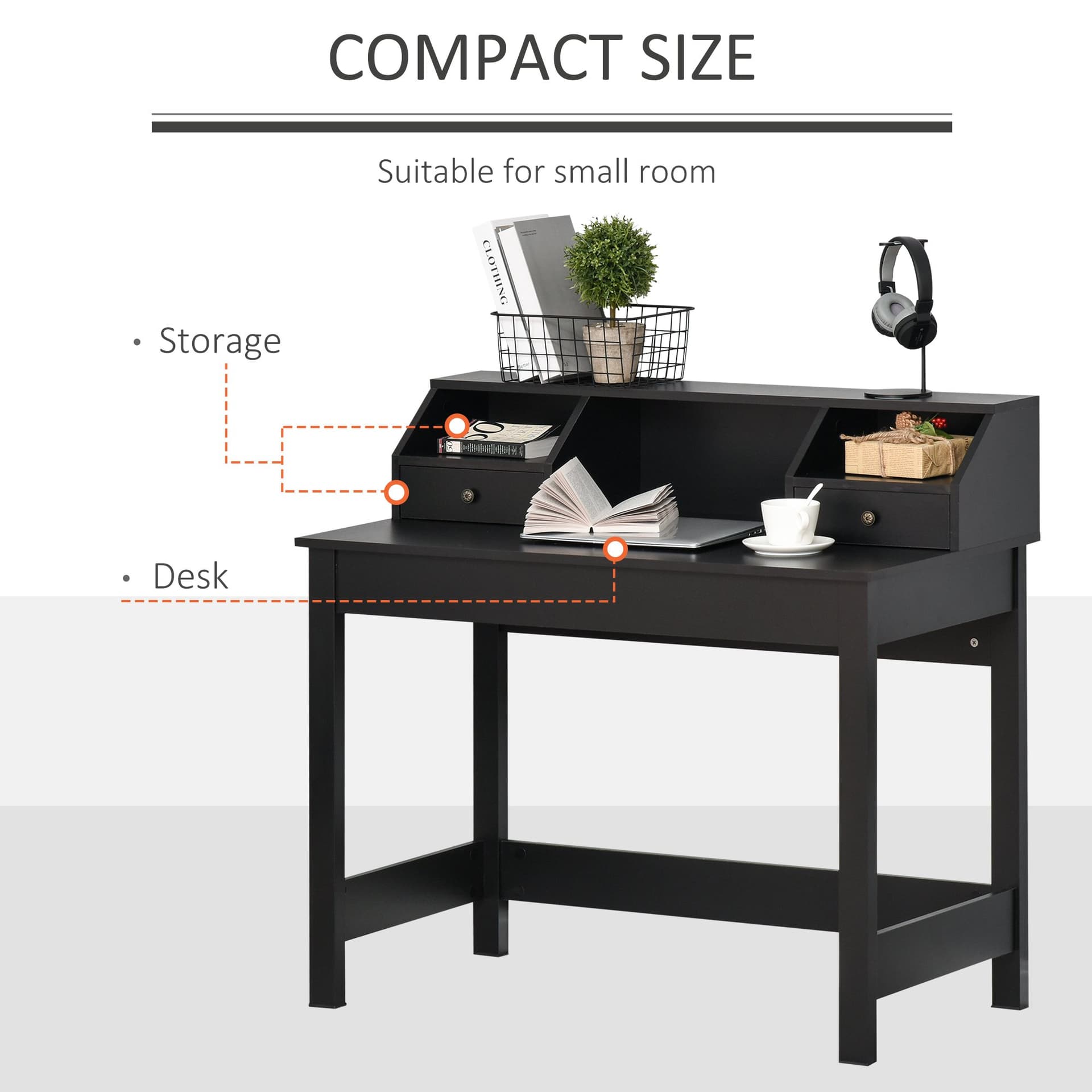 HOMCOM Rectangle Computer Desk with Display Shelves Drawers Home Office Table Workstation Black Wood Grain - Desks - Office Furniture
