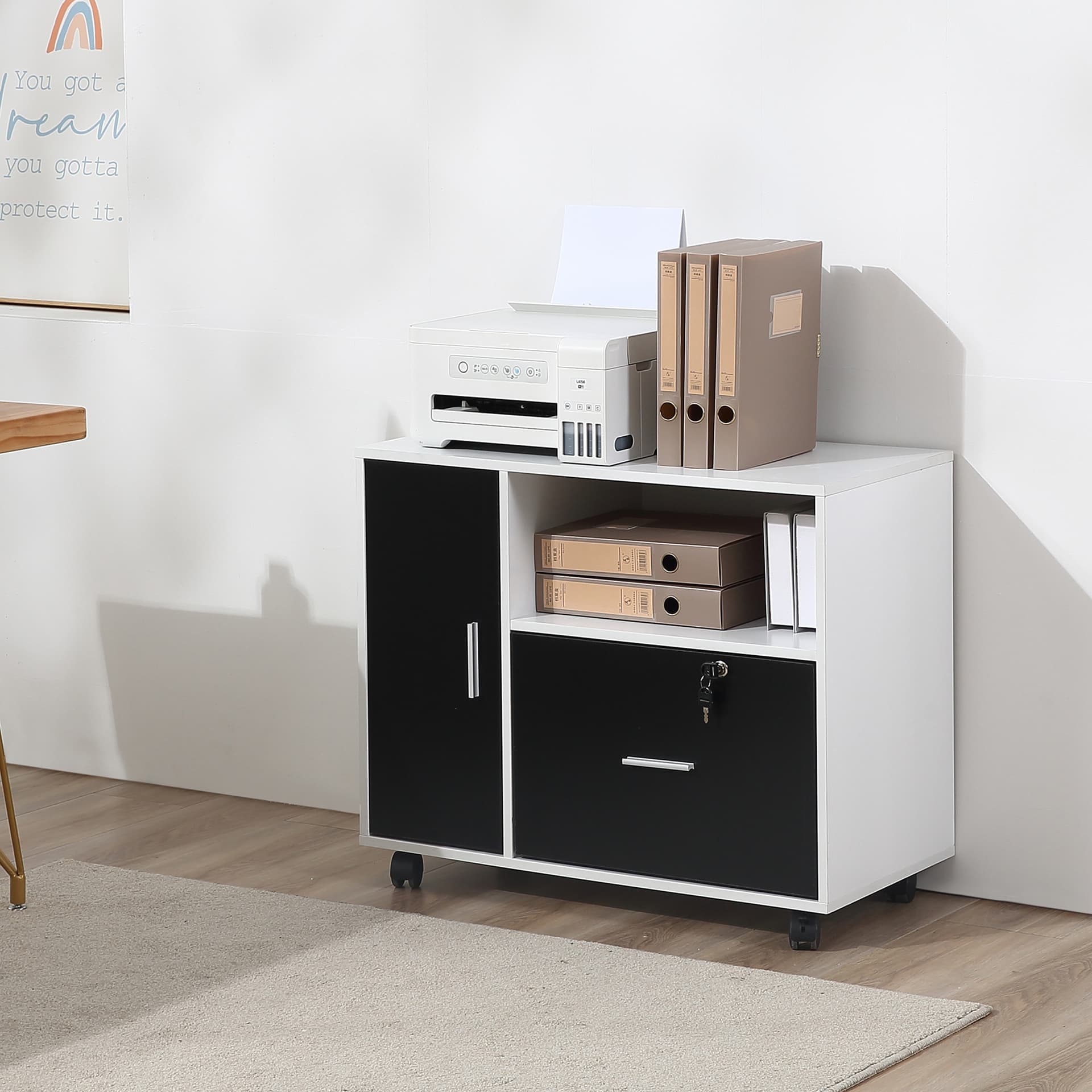 HOMCOM Rolling Office File Cabinet with Drawer for Legal Letter Sized Hanging Files Printer Stand with Shelf Wooden Documents Storage Chest for Home Office - Filing & Storage - Office Furniture