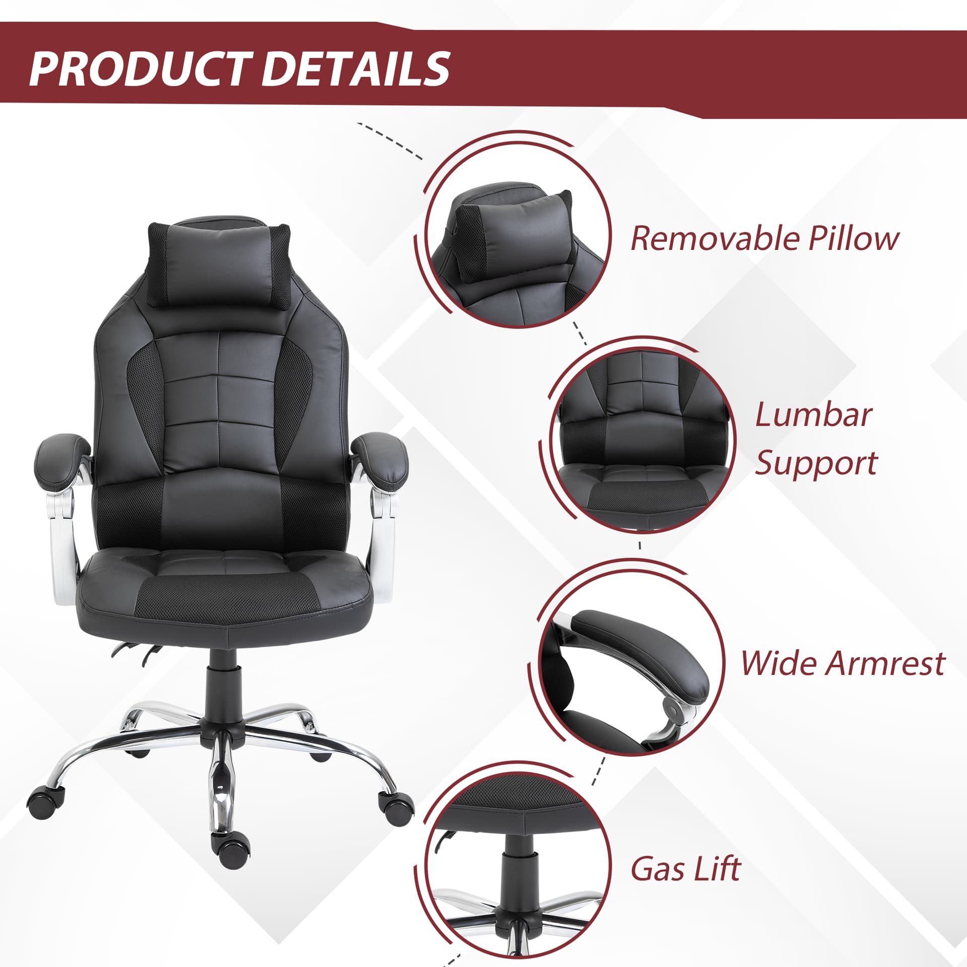 HOMCOM Ergonomic Executive Office Chair Swivel Racing Recliner PU Leather Height Adjustable, Black - Office Chairs - Office Furniture