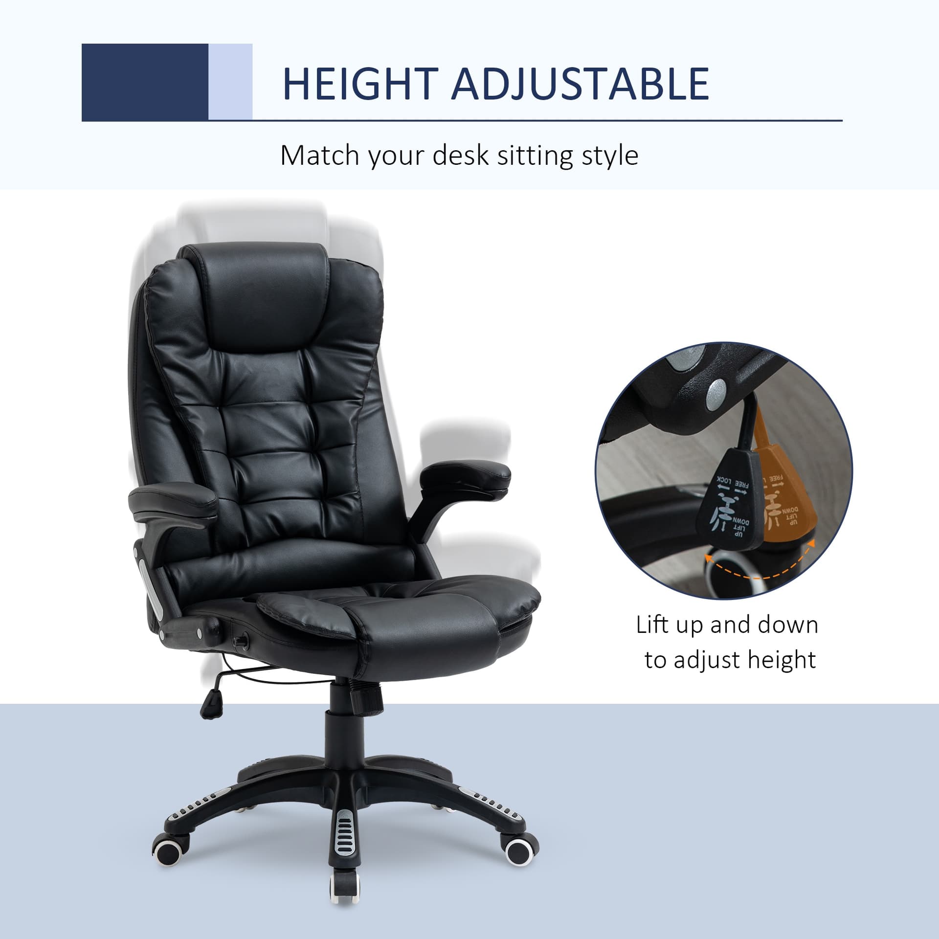 Vinsetto Executive Home Office Chair High Back Ergonomic PU Leather Computer Chair, with Swivel Wheels, Arm, Adjustable Height, Black - Office Chairs - Office Furniture