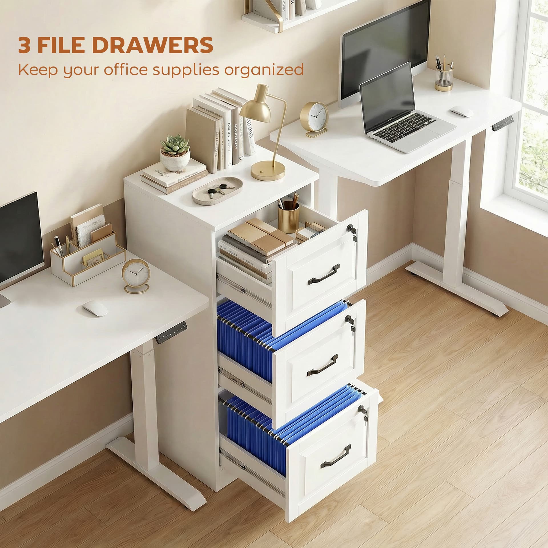 3 Drawer File Cabinet with Lock, Vertical Filing Cabinet with Adjustable Hanging Bars for A4 and Letter Size, White - Office Cabinets & Cupboards - Office Furniture