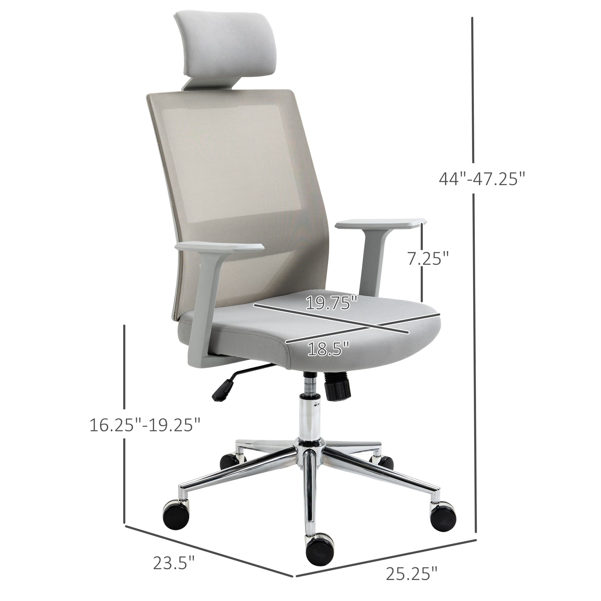 Vinsetto High Back Office Chair Swivel Task Chair with Lumbar Back Support, Breathable Mesh, and Adjustable Height, Headrest, Grey - Office Chairs - Office Furniture
