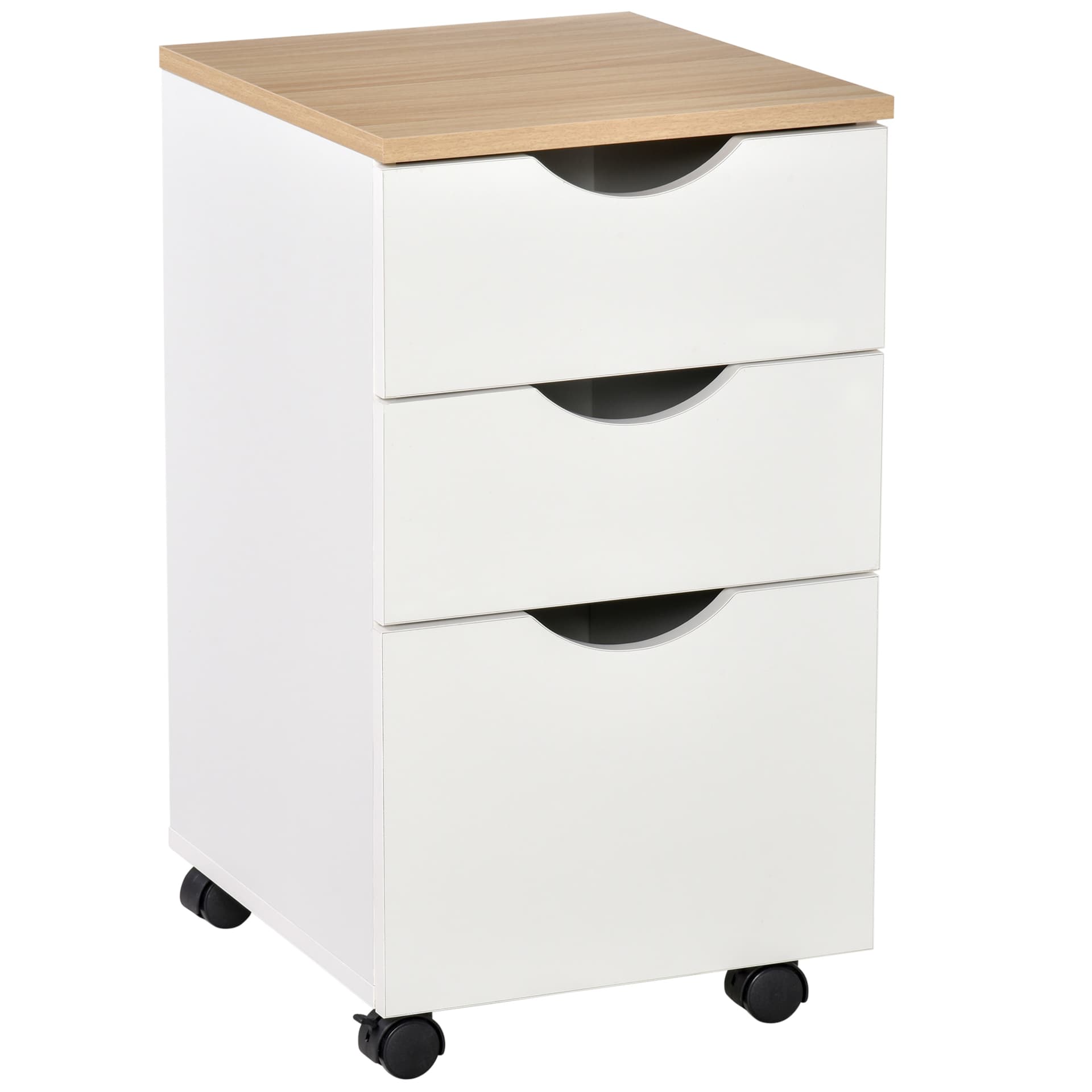 HOMCOM 3-Drawer Storage Cabinet with Wheels for Home Office, White and Natural - Office Products - Office Furniture