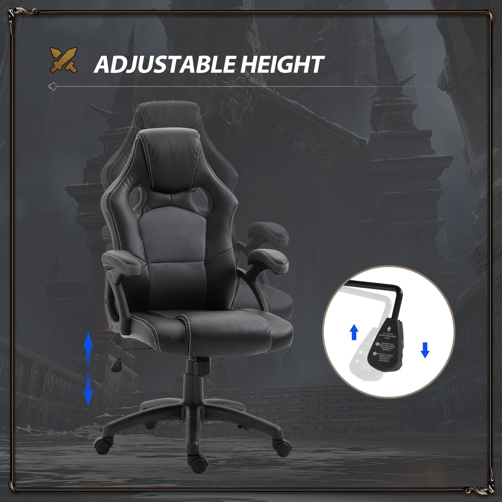 Vinsetto 360° Swivel Office Chair Adjustable Height PU Leather E-sports Rocker, Black and Grey - Office Chairs - Office Furniture