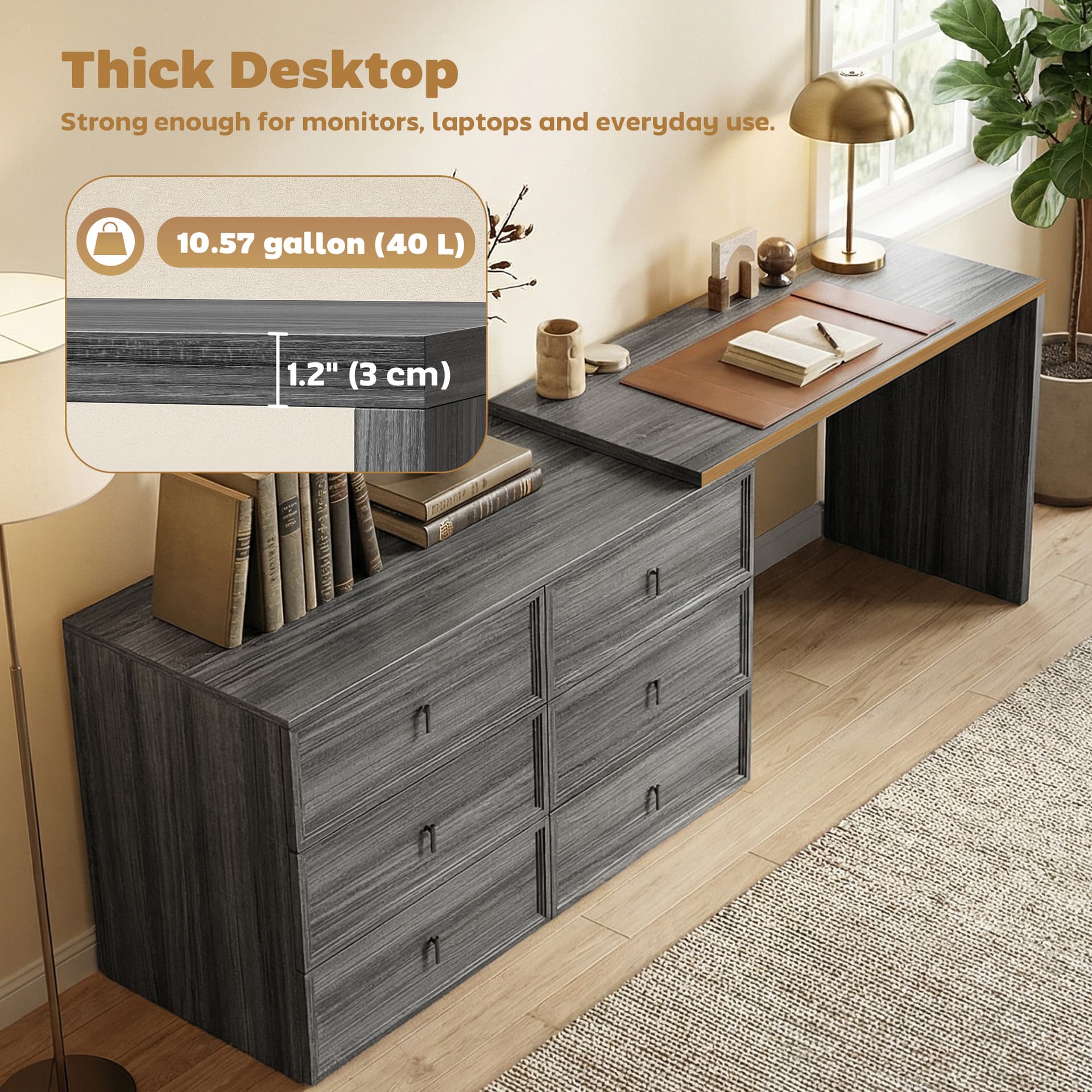 L Shaped Computer Desk Home Office Desk with 6 Drawers Black Wood Grain - Computer Desks - Office Furniture